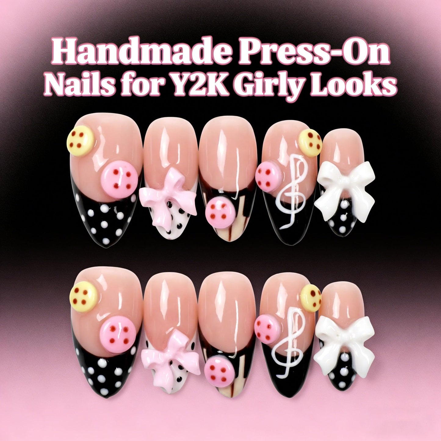 Handmade Press on Nails Almond Shape 3D Cute Glue on Nails for Women, Luxury Homemade Press on Nail Art Design, Fake Nails with 3D Nail Charms Size M 8