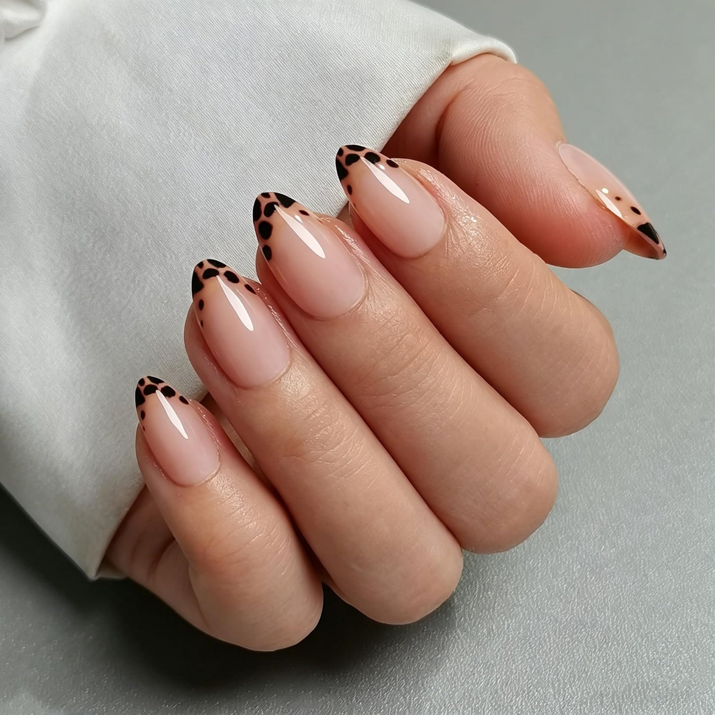 Nude Leopard French Tip Press on Nails, Short Almond Soft Gel Fake Nails, Reusable 32Pcs 16 Sizes with Glue for Women Daily Office Party