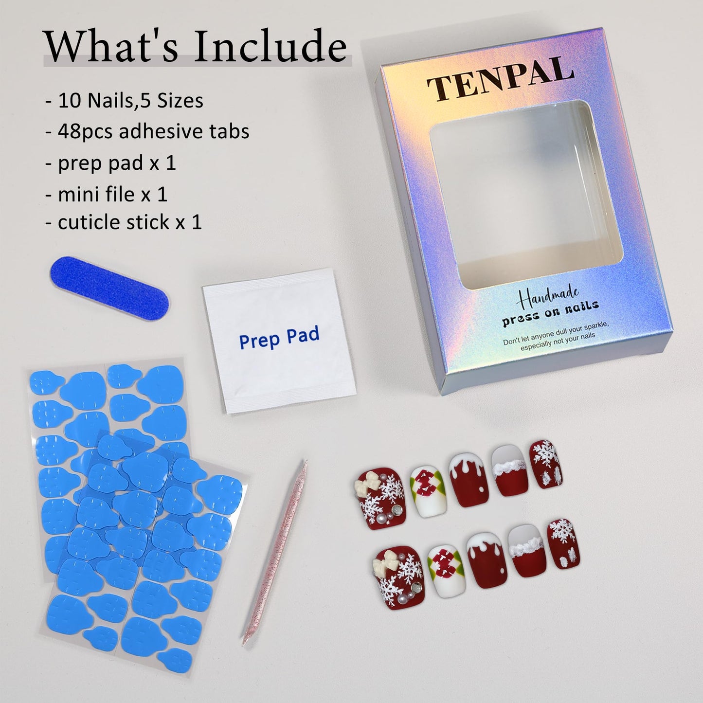 TENPAL Squoval Press on Nails -Acrylic Red Velvet Matte with Pearl Plaid & Snowfall Design | Handmade Winter Elegant Fake Nails with Tools | Christmas Party Gift Set(S)