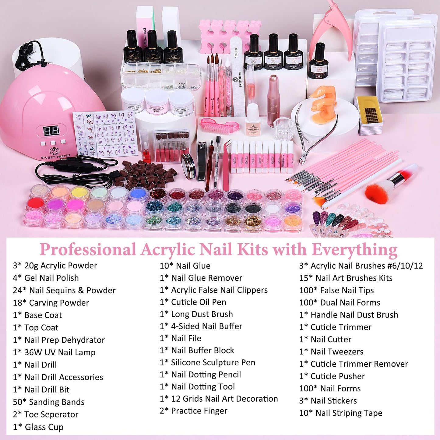Acrylic Nail Kit for Beginners: Professional Acrylic Powder Set with Everything for Starter Gel Nail Polish U V Light Nail Drill Full Tools Decoration for Home Salon Women