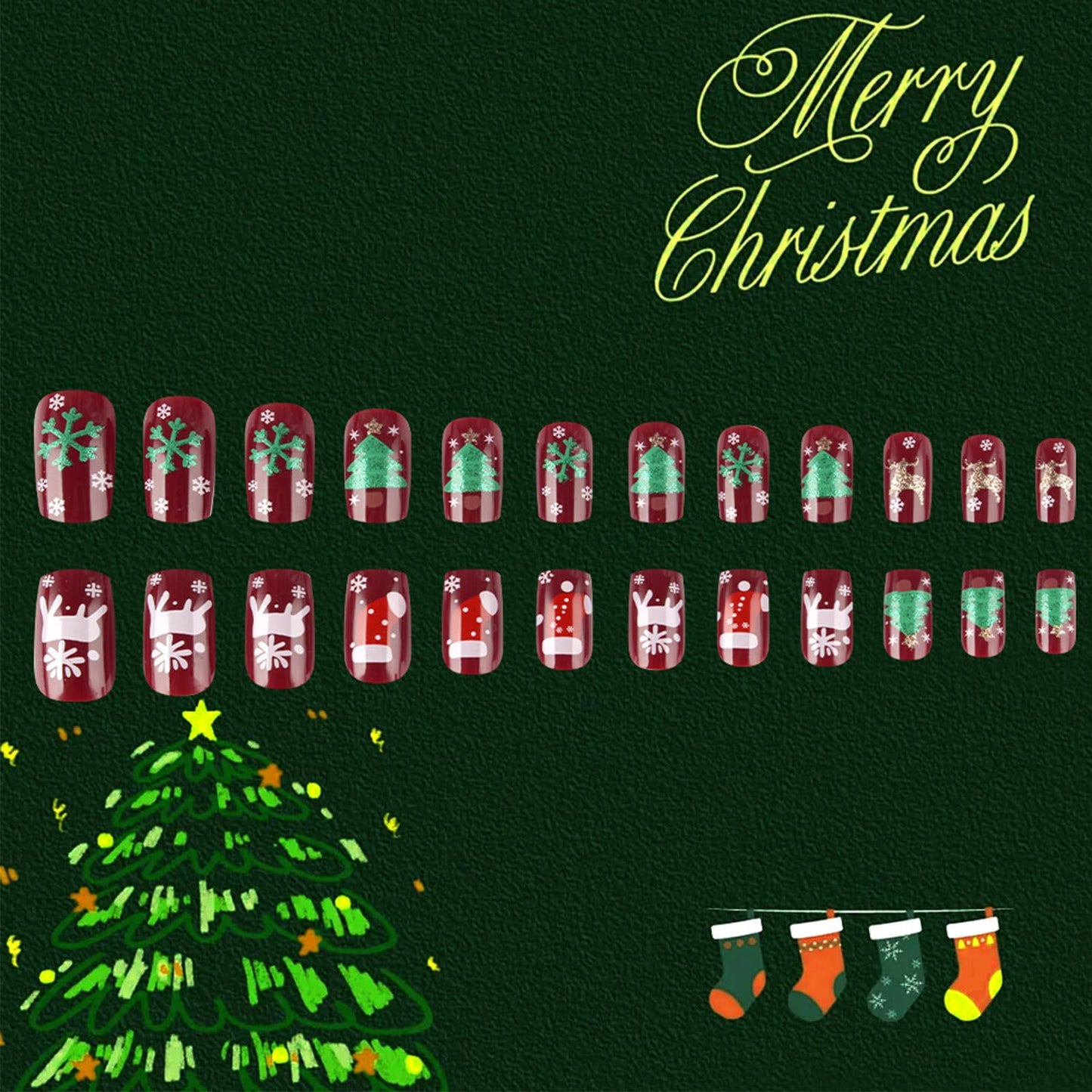 Christmas Stocking Press on Nails Christmas Medium Square False Nails 24Pcs Snowflake Gel Glue on Nail Xmas Tree Stick on Fingernails Glossy Gold Glitter Elk Acrylic Fake Nail for Women Xmas Gift