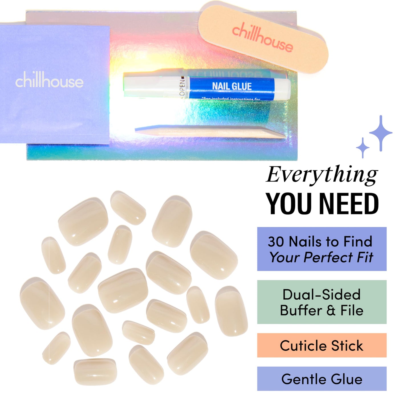 Chillhouse Chill Tips Signatures Press On Nails Kit, Corporate Baddie - 30 Nail Shapes & Sizes, Dual-Sided Buffer & File, Cuticle Stick & Glue - Long-Lasting Nail Art Manicures