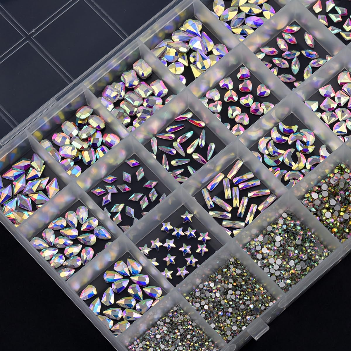 TEEKME Nail Rhinestones Kit 24-Grid, 2800PCS Crystal AB Flatback Glass Gems, 18 Shapes 6 Sizes Round Diamonds for Gel Acrylic Nails, Salon DIY Manicure Supplies with Storage Case, Tweezers, Wax Pen