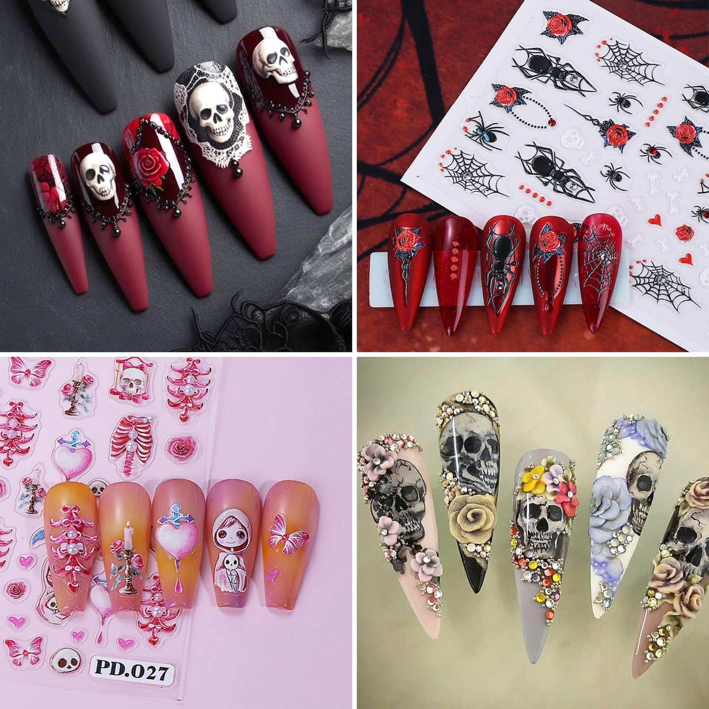 2Sheets Halloween Nail Art Stickers 5D Embossed Pink Skeleton Heart Nail Decals Self-Adhesive Spider Web Spider Stickers with Rhinestone Charms Design Nail Decal Rose Skull Nail Sticker for Women