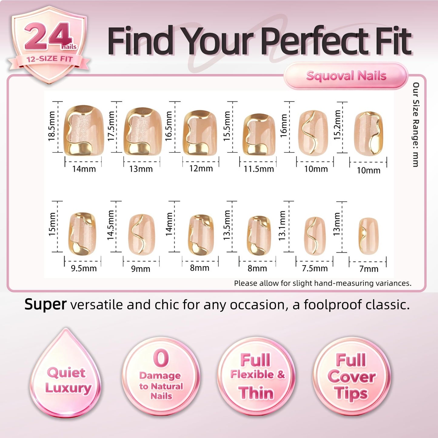 Glossy Nude Gold Swirl Press on Nails Short, Shimmer French False Nails with Metallic Wave Design, Elegant Cat Eye Nude for Women, Salon Style Reusable Acrylic Nails 24PCS