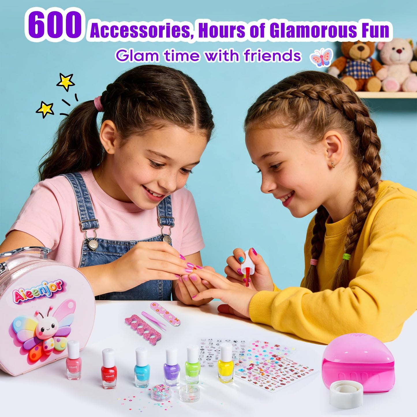 Aieenjor Kids Nail Polish, Toddler Nail Polish, Washable Non-Toxic Girls' Nails Kit with Dryer, DIY Manicure Studio with Stickers & Gems, Perfect Birthday & Party Gift for Girl