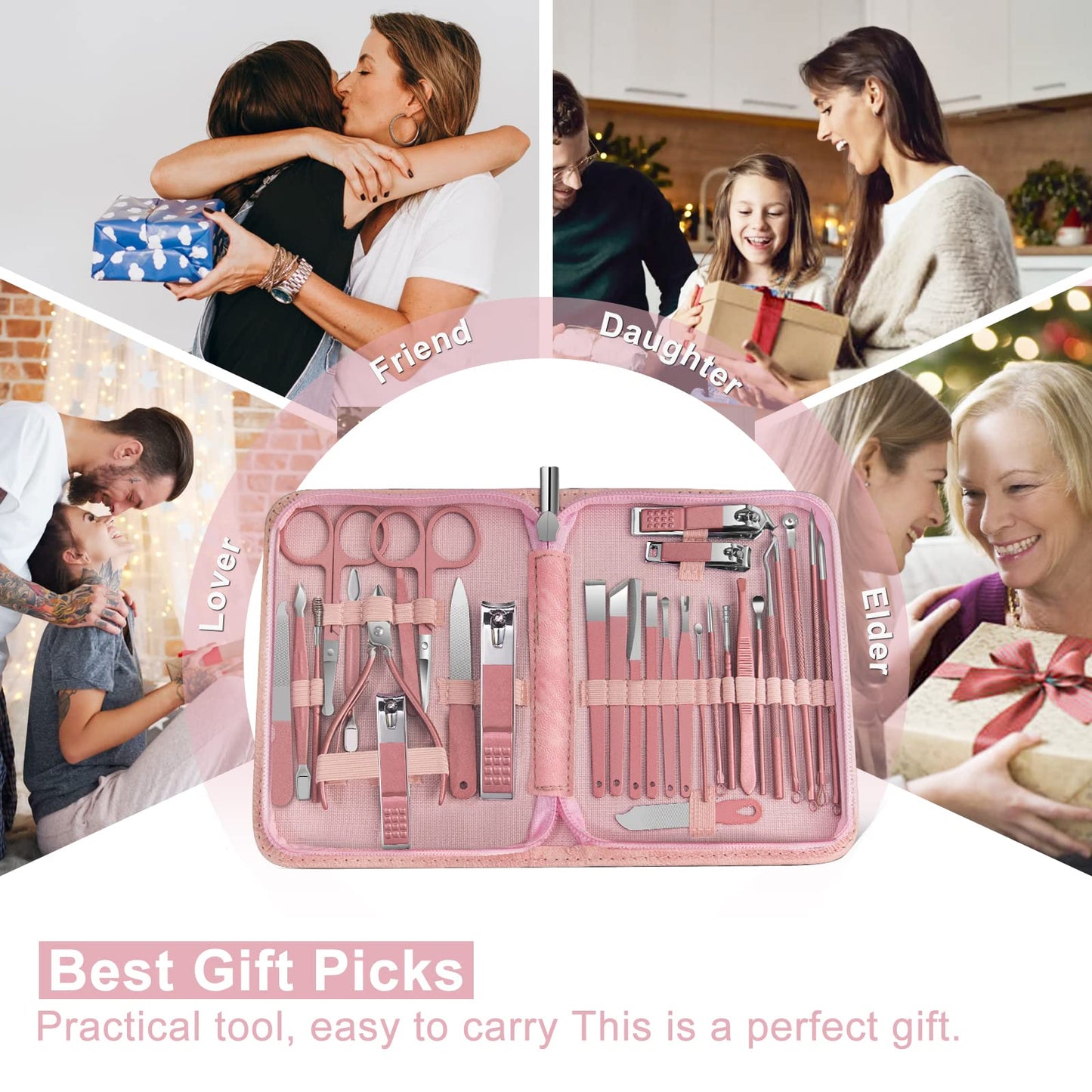 Women Manicure kit Professional sat Nail Set kit Pedicure Kit 30 in 1 Nail Clippers for Women Grooming Nail Care kit with Luxurious Travel Case Pink
