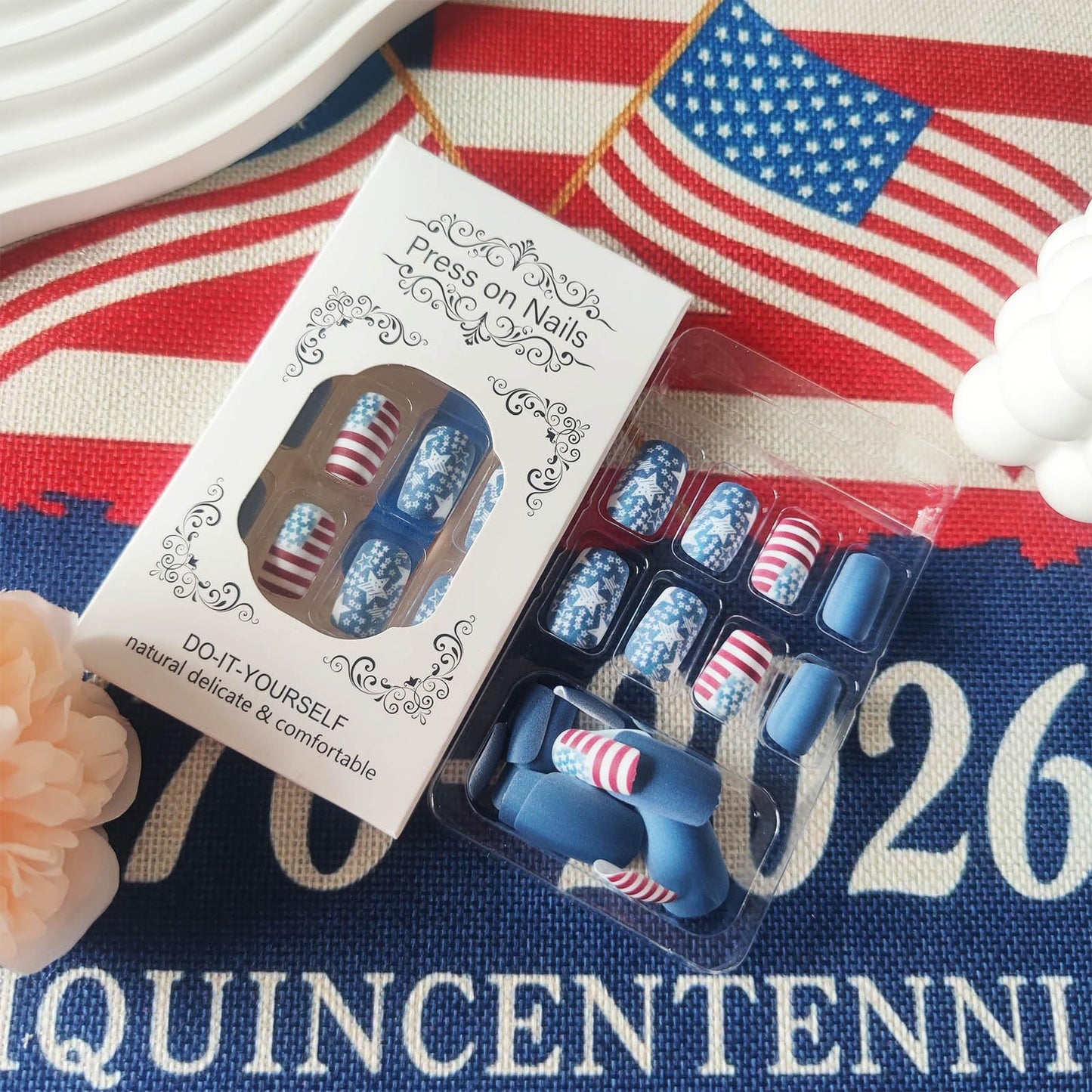 4th of July Press on Nails American Flag Fake Nails Independence Day Acrylic False Nail 24 Pcs Matte White Stars Glue on Artificial Fingernails HZJXRT Medium Square Stick on Nail for Women Gift