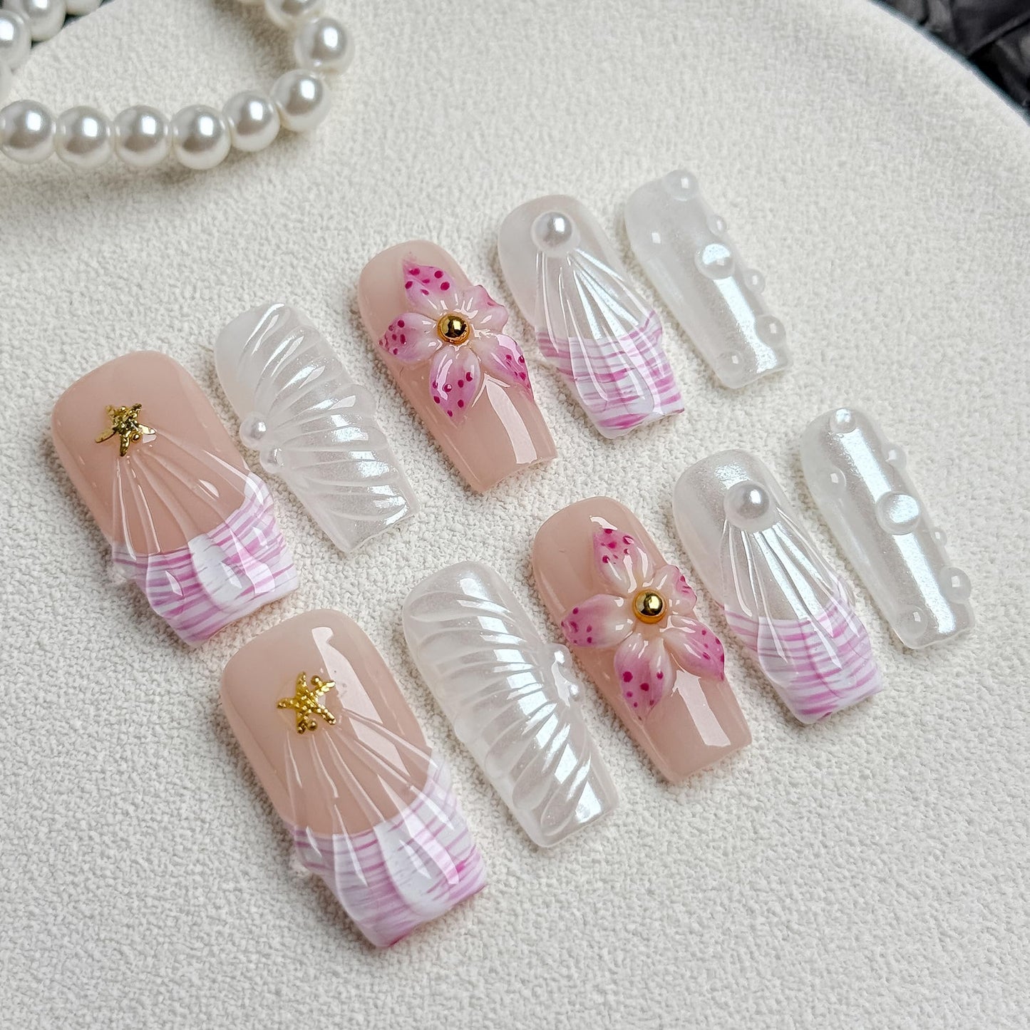 Pink Shell Dream Romantic 3D Floral Pearl Press on Nails, Elegant Girly Acrylic UV Gel Fake Nails for Women, Cute Press-Ons for Date Party Daily Wear (Pink, S)