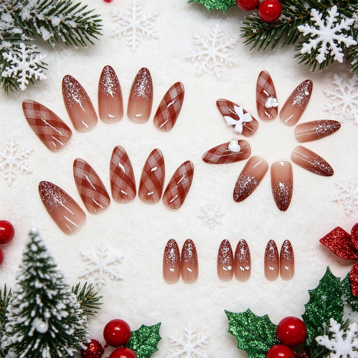 Press on Nails with Checkered Design Plaid Medium Almond False Nails Gingham Fake Nail Glossy Silver Glitter Glue on Nail Rhinestones Stick on Fingernails for Women Sweet Daily Wear