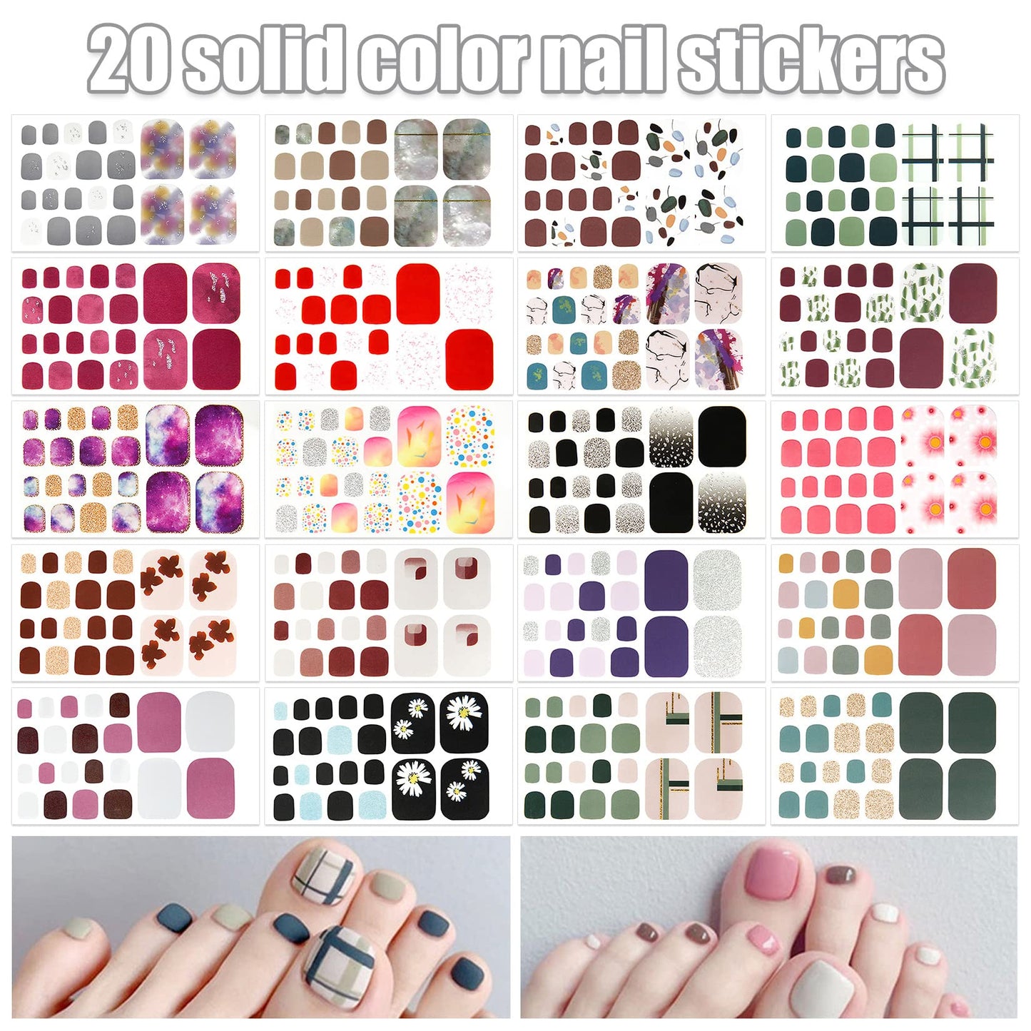 YECIRALA 20 Sheets 440 Pcs Gradient Glitter Toe Nail Stickers Full Nail Wraps For Women Toenails Nail Gel Polish Stickers For Toes Nails Stick On Nail Polish Strips Nail Gel Stickers Toenails Stickers