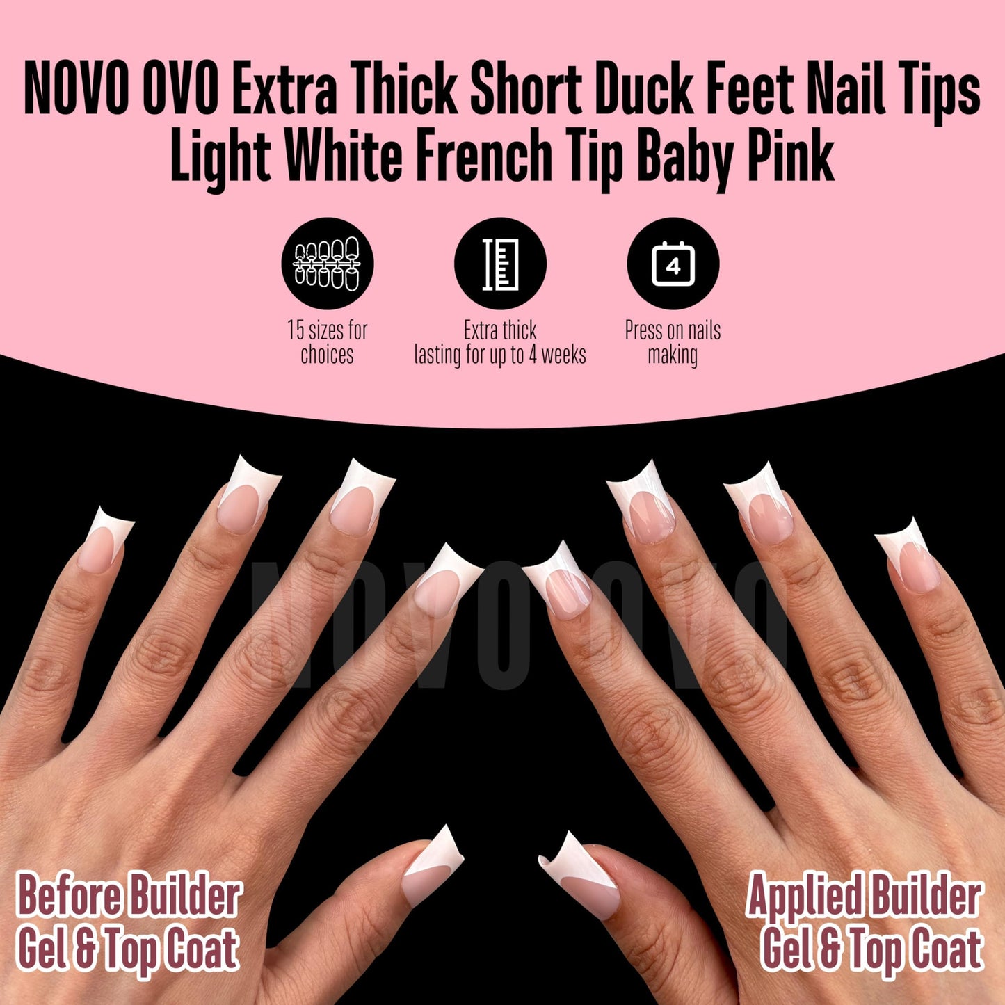 NOVO OVO Duck Nails Short with Moon Curve Light White French Tips BABY PINK Full Cover for Press on Acrylic, Thick Flare Wide French Soft Gel Fake False Nail Extension x 15 Sizes 240 pcs