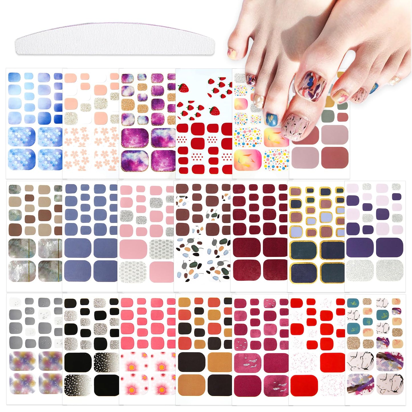 YECIRALA 20 Sheets 440 Pcs Minimal Designs Toe Nail Polish Stickers Full Nail Wraps for Women Girls Glitter Gradient Marble Gel Nail Strips for Toes Toenails Stickers Nail Polish Strips