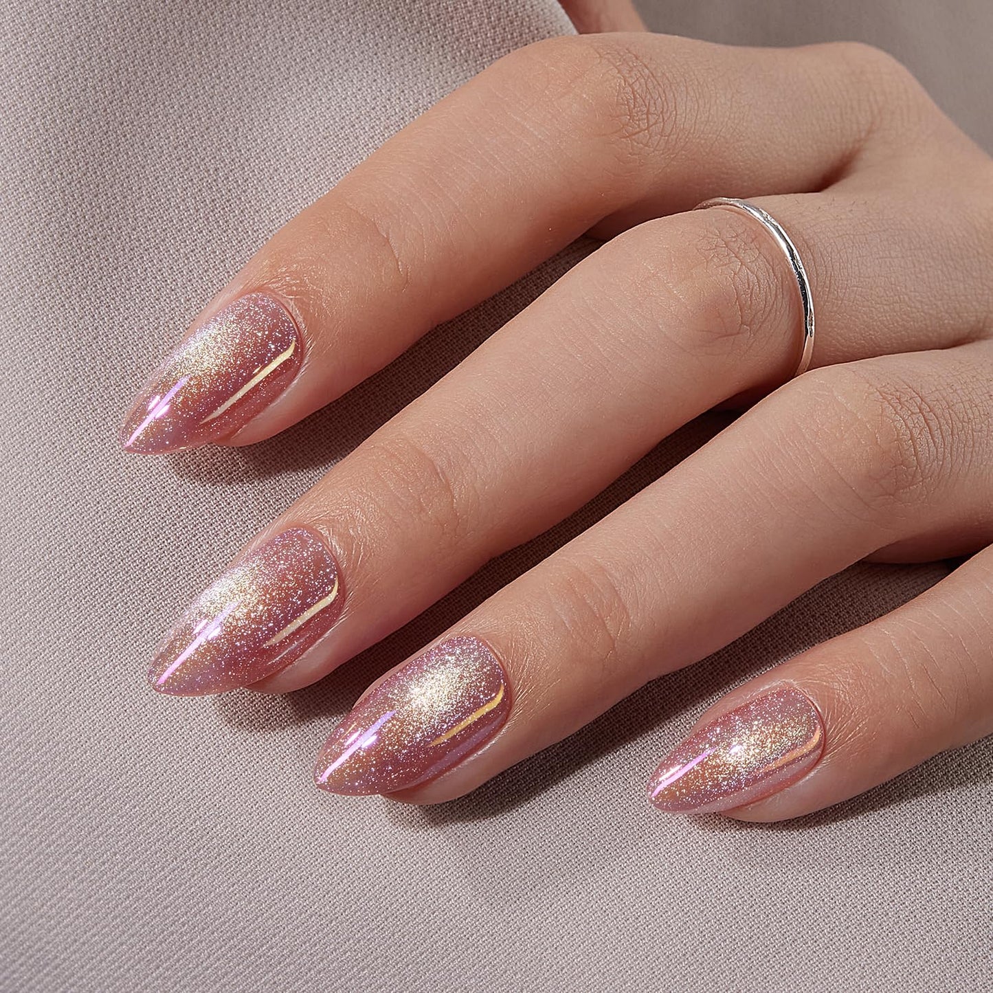 VSALON Press on Nails Short Almond - Pink Cat Eye Pastel Glitter Holographic Spring Fake Nails Kit, Reusable Opaque Gel Chrome Glue on Nails with Glue & Cuticle Oil