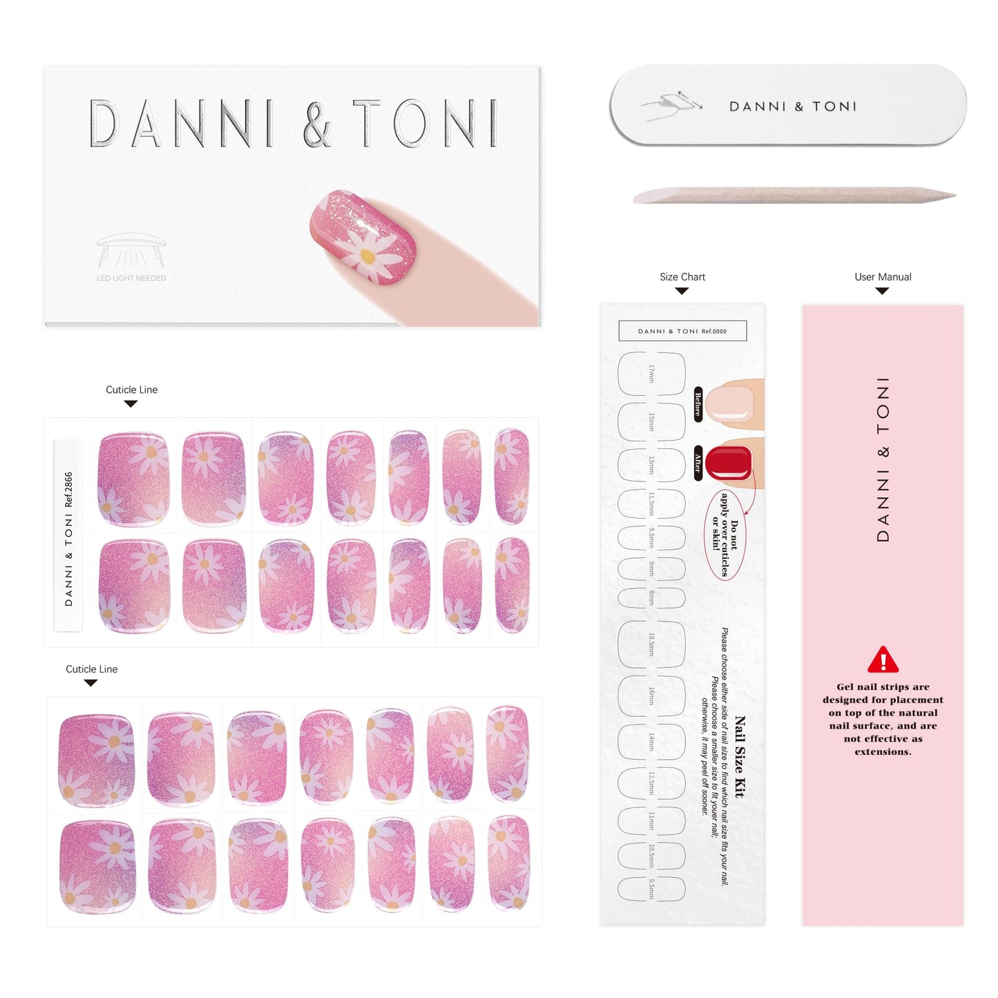 DANNI & TONI Semi Cured Gel Nail Strips Daisy Pink Holographic Gradient Gel Nail Wraps 28 Stickers | Aurora Bloom
