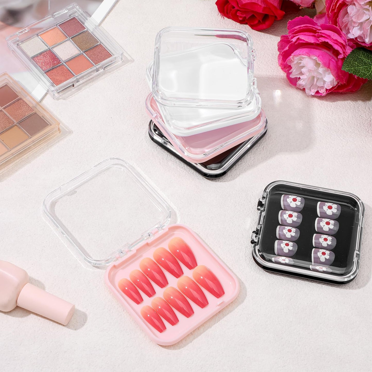 Xaajooio 60 Pcs Press On Nail Packaging Boxes with 180 Adhesive Tapes, 3 X 3 Inch Plastic Display and Storage Case for Nail Art Business Salon Supplies, 4 Colors
