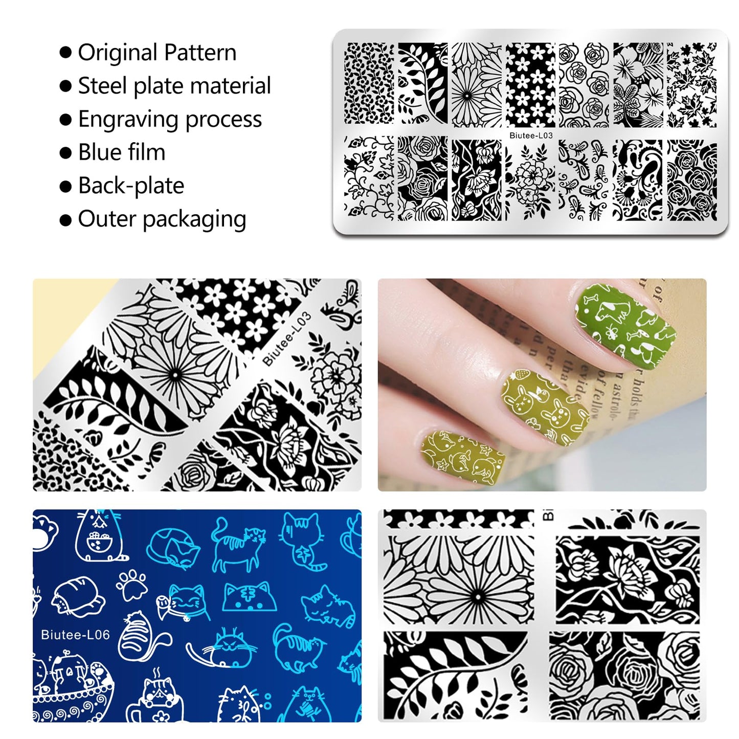 Biutee Nail Stamper Kit with Clear Stamper and Scraper, 10 Nail Stamping Plates and 8 Gel Stamping Polishes, UV Cure Required, Floral Animal Leaves French Nail Art Set for Beginners