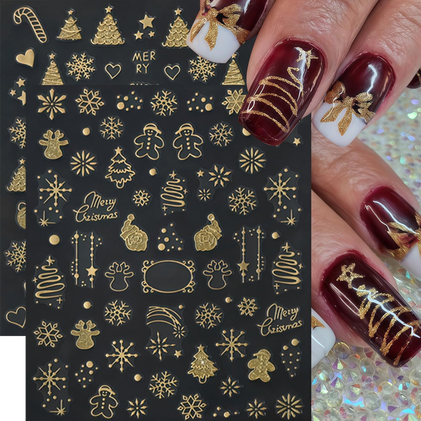 12 Pcs Christmas Nail Stickers Gold Glitter Snowflake Nail Decals Metallic Santa Claus Gingerbread Man Xmas Tree Nail Supplies Christmas Snowmen Nails Supplies for Women Winter Holiday DIY Manicure