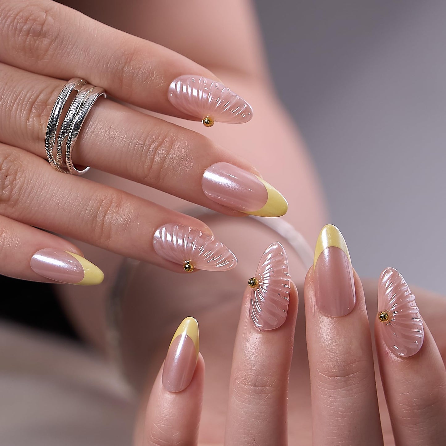CurvLife Soft Gel Almond Press-On Nails Short,30Pcs Reusable Fake Nail Tips with Adhesive Tabs, Salon-Quality Stick-On Nails for At-Home Manicure (Pearl Tides)