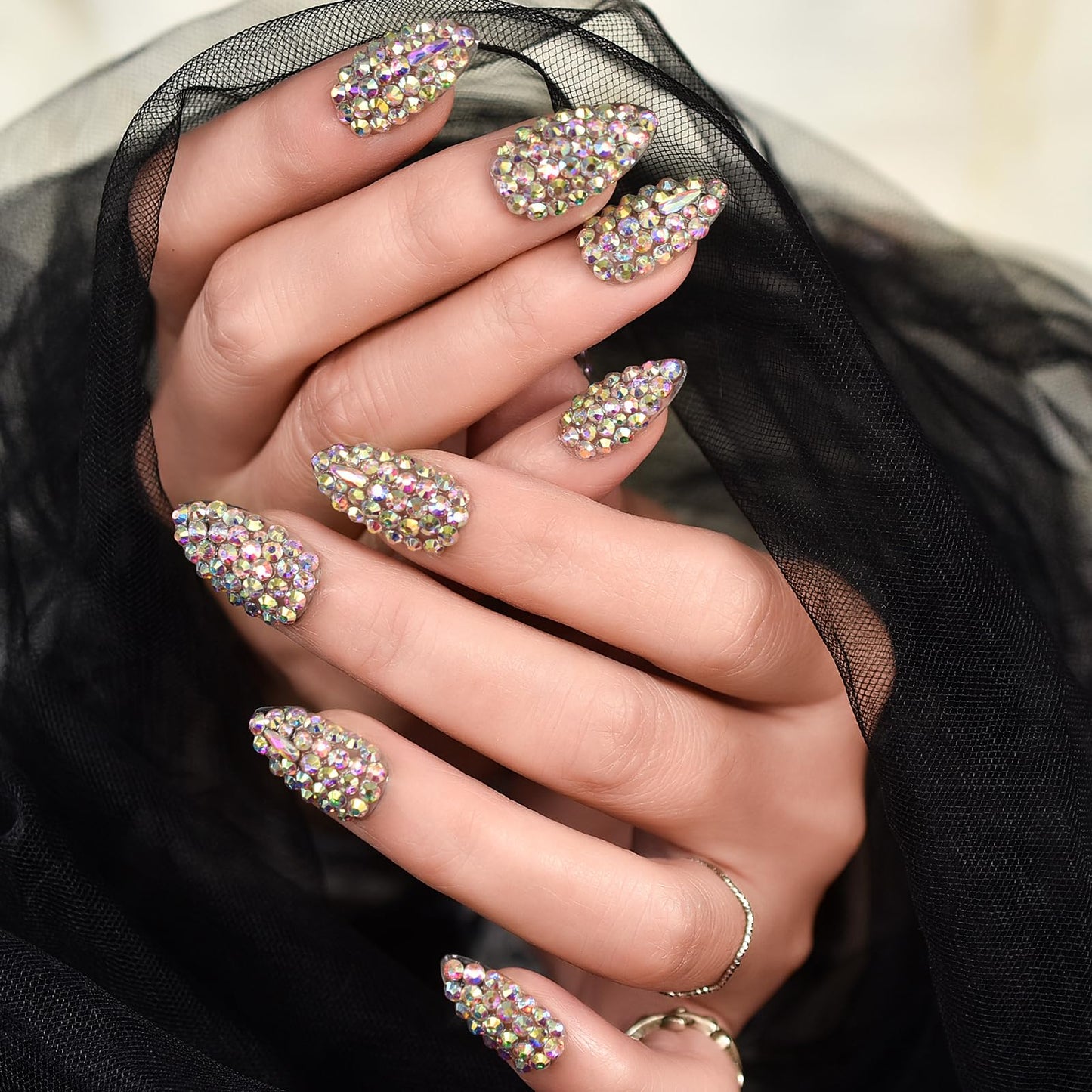Elevenail Handmade Nails 24pcs Full Cover 3D Rhinestones Press On Nails Almond Medium Length Nails Women Girls Gifts Salon Manicure Shiny Crystal Nail Art Tips Fake Nails Reusable Acrylic False Nails