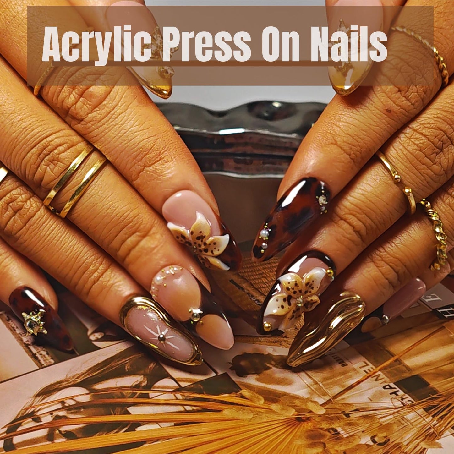 Handmade Acrylic Press On Nails Almond, Brown Press On Nails Medium, Flower 3D Nails French Tip Amber Gold Chrome For Women Gift, Reusable Stick On Fake Nails Kit With Nail Glue(Amber Bloom-S)