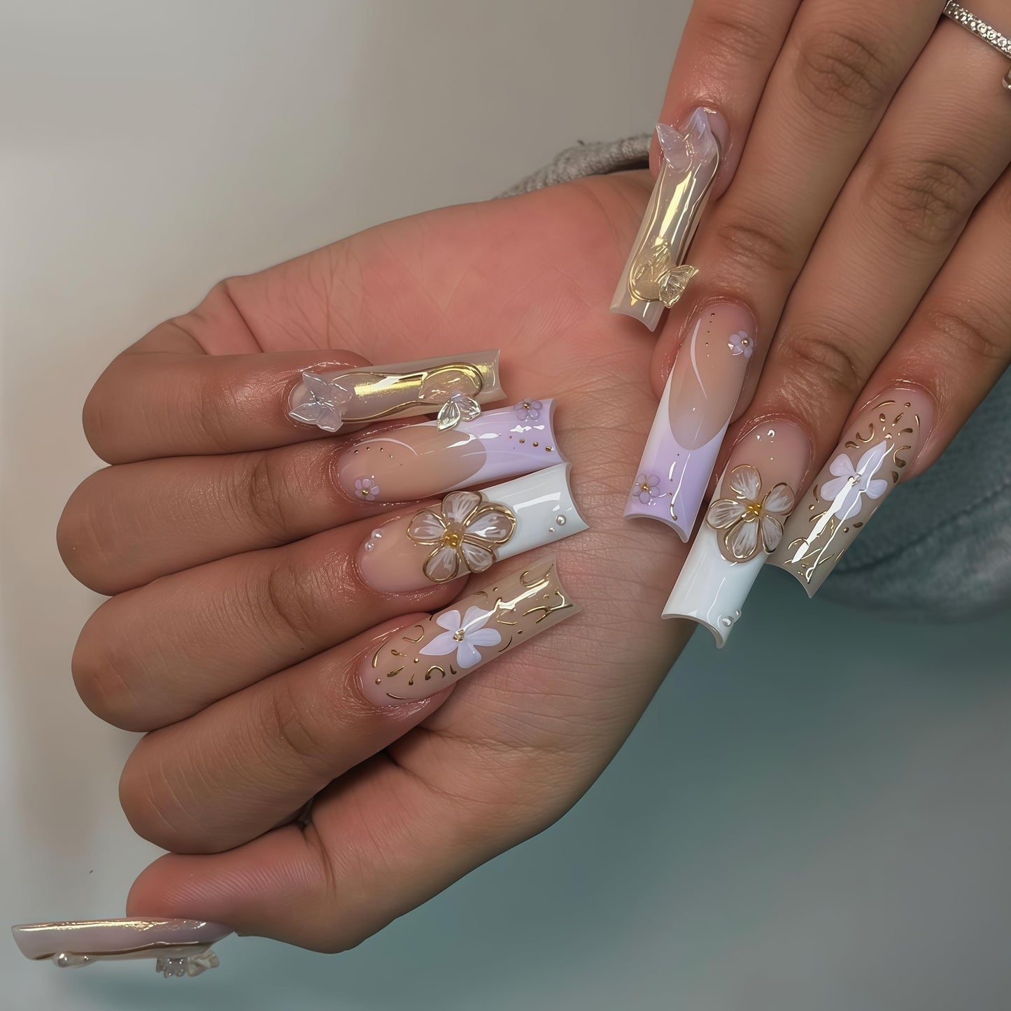 Long Press on Nails Square Fake Nails Purple Acrylic Nail Press Ons Seeneey 3D Flowers and Gold Charm Designs Cute Butterfly Stick on Nail for Women 24pcs