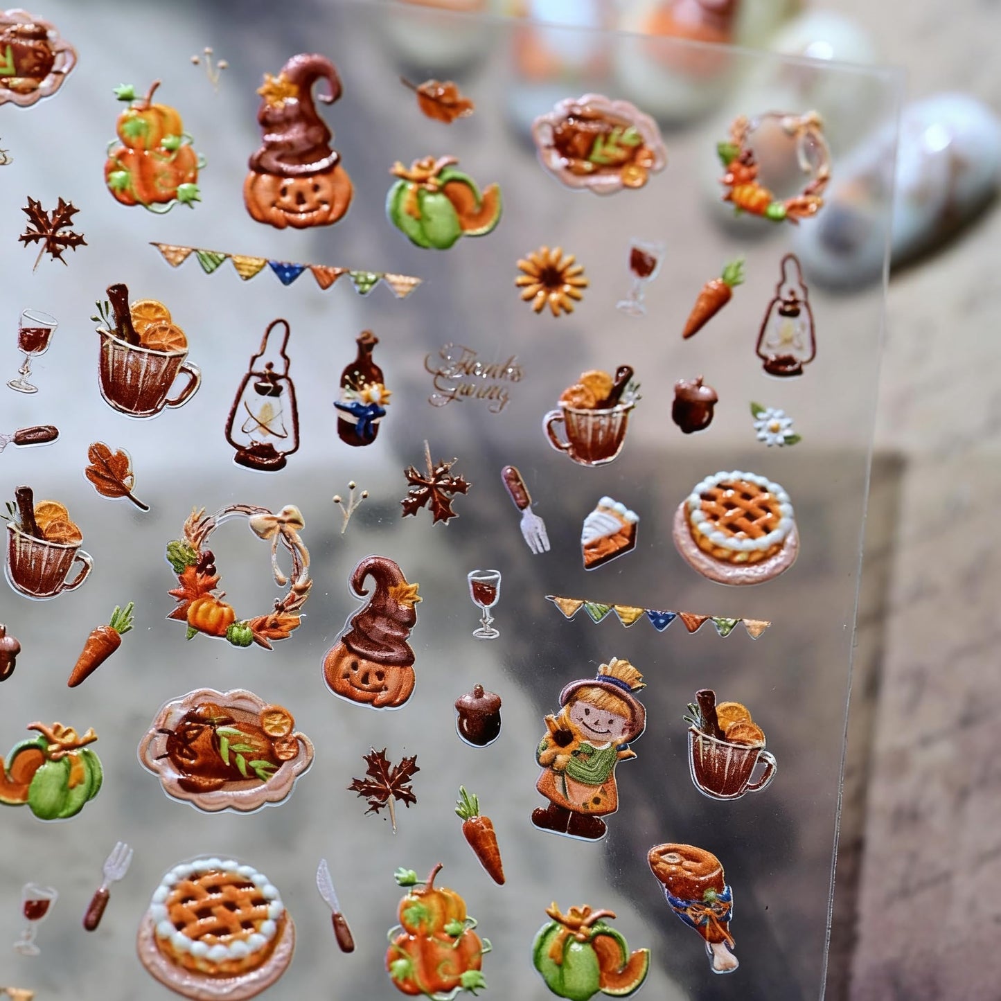 Thanksgiving Day Nail Stickers 5D Embossed Pumpkin Lanterns Nail Art Stickers 3D Self Adhesive Wine Bottles Nail Decals Fall Autumn Cute Girl Nail Design Garland Nail Art Supplies for Women 1 Sheet