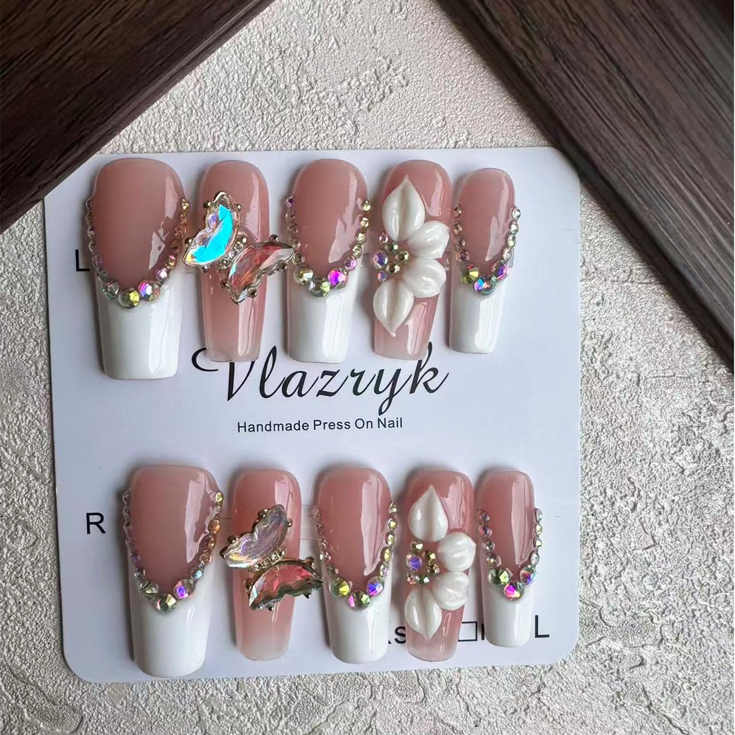 Luxury Handmade Press on Nails - Long Square White French Tips Press on Nail with Almond 3D Rhinestones, Flowers & Butterflies, Acrylic Multi-Layer Gel False Nails for Women (10Pcs Size M)