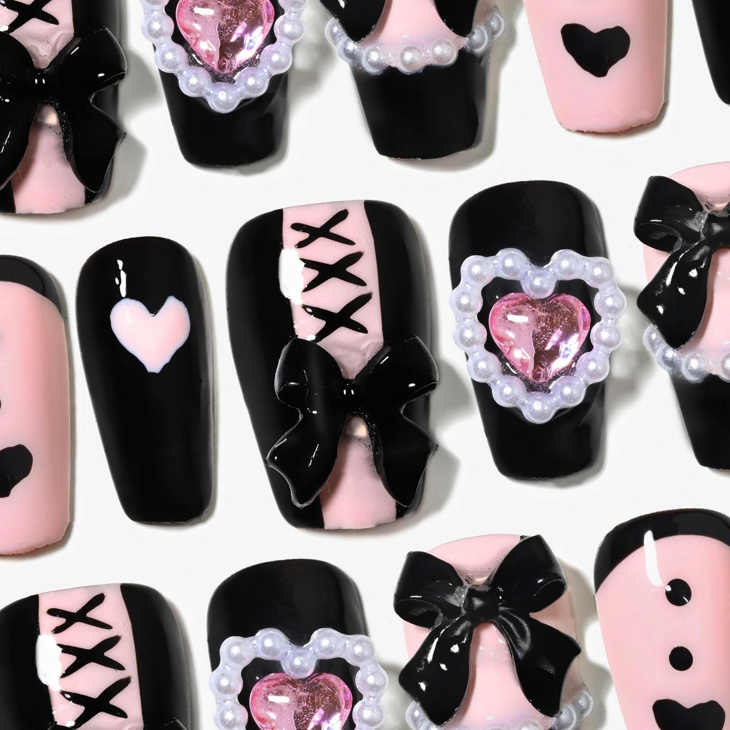 Sun&Beam Nails Handmade Press-on Square Round Trapezoid Nail Design False Nail Tips Pink and Black with Ribbon Stylish 10 Pcs Set (#149 M)
