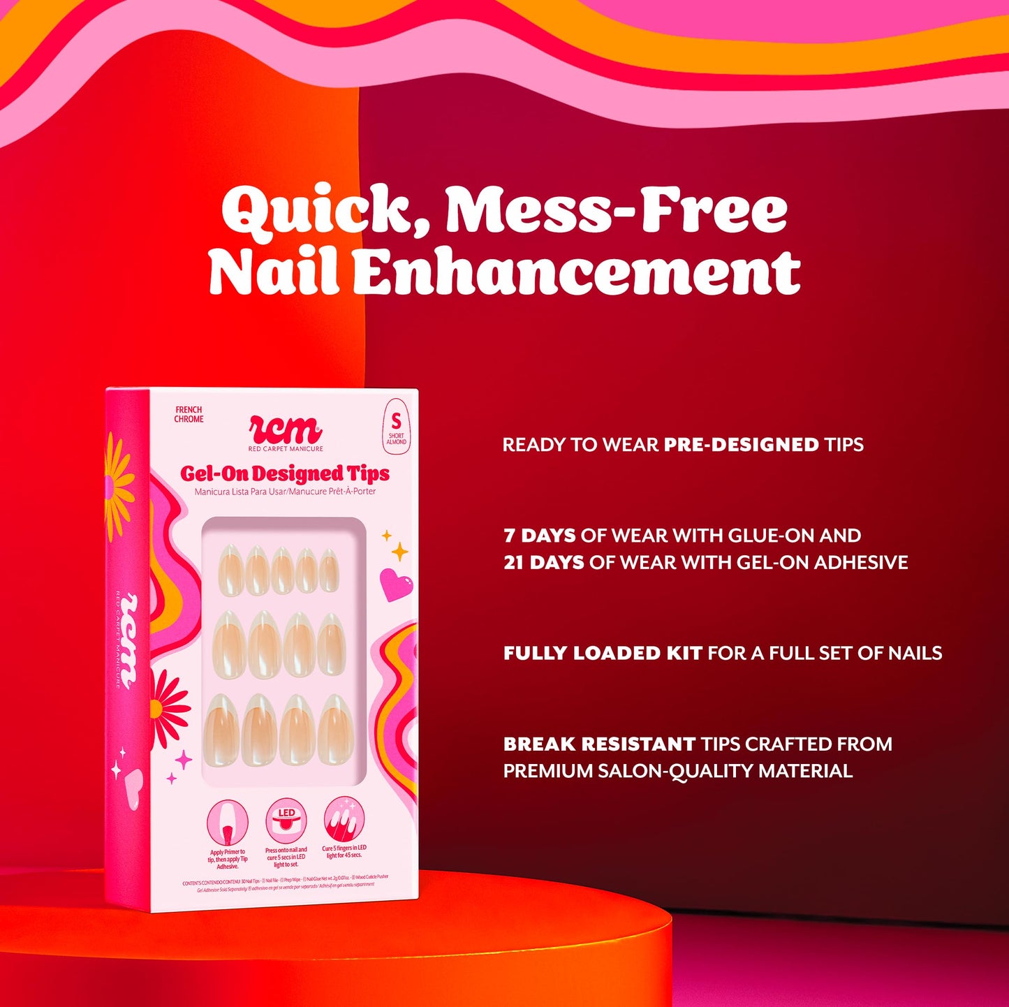 RC Red Carpet Manicure Gel-On Designed Tips - Full Coverage, Flexible, Break-Resistant, 21-Day Wear, UV/LED Cured Gel Adhesion for Natural Look (French Chrome Short Almond)