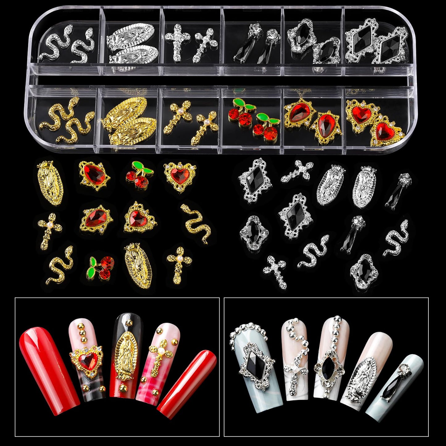 Teenitor Nail Charms and Gems with Nail Stickers, 6 Boxes Silver & Gold Nail Gems and Rhinestones Kit for Women, 3D Nail Art Rhinestones Nail Pearls, Caviar Beads for Nails,Y2K & Cross Nail Charms