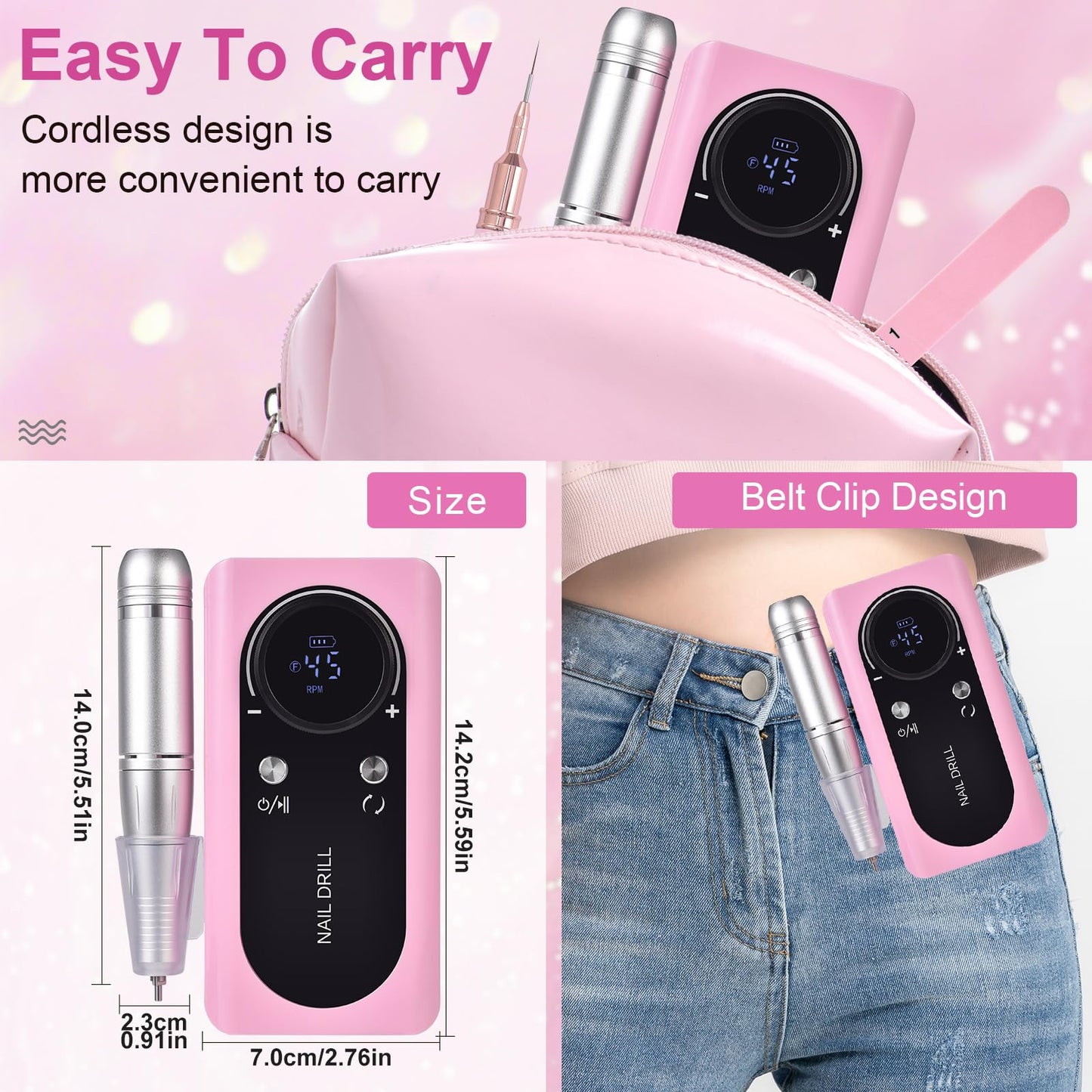 siyuwuro Portable Nail Drill 45000 RPM Professional Cordless Rechargeable Electric Nail File for Removing Polishing Acrylic Gel Nails with 6 Drill Bits & Sanding Bands, Nail Salon Home Use, Pink