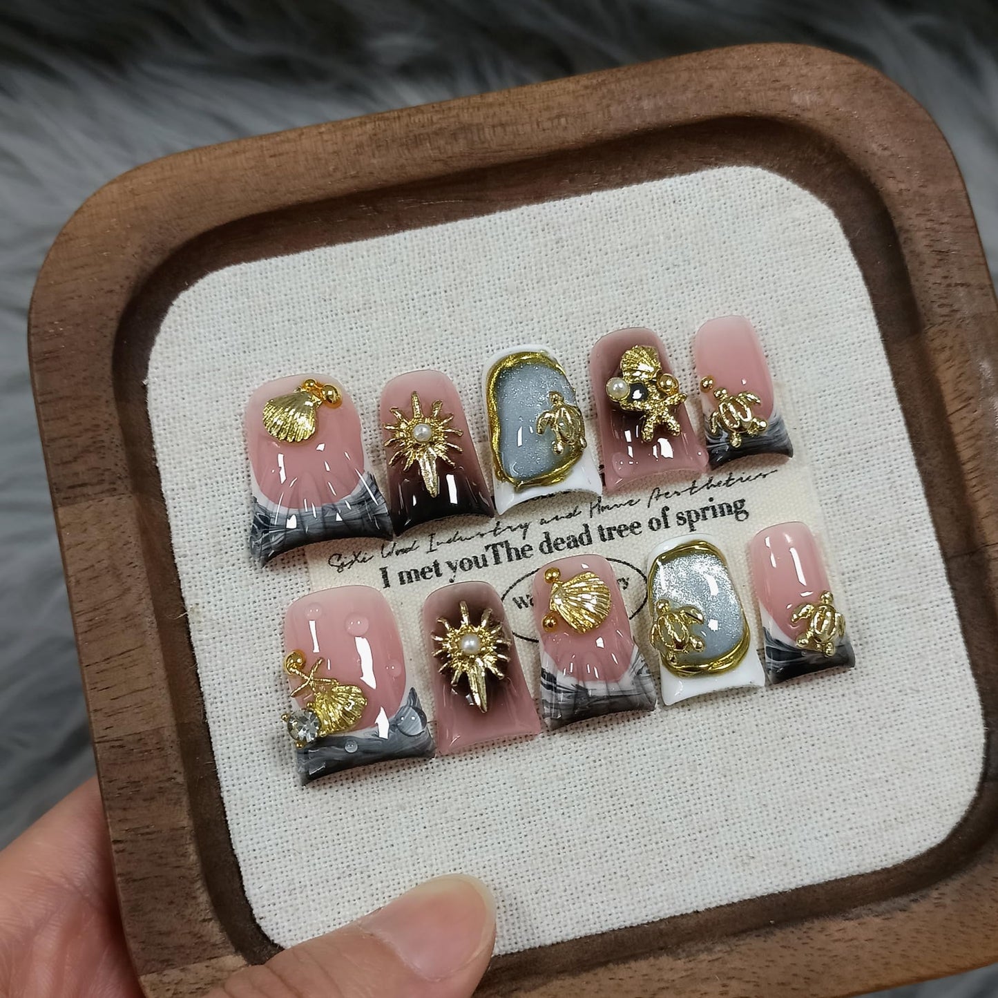 TENPAL Duckbill Press on Nails - Black Gray Cat Eye Ocean Metal Design Glue on Nails for Women| 10PCS Glitter False Nail with 3D Charms Designs | Gothic Y2K Style for Daily Party Wear,Duck Nails(M)