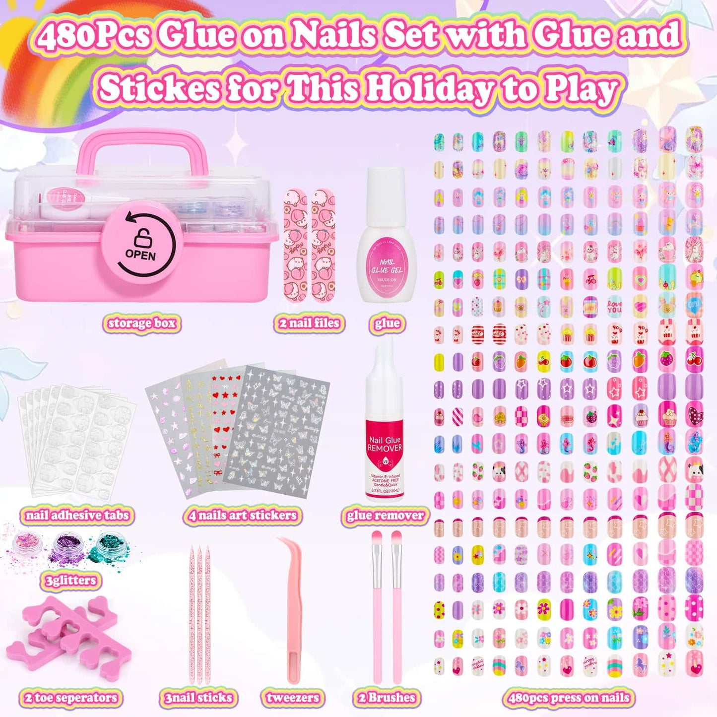 480 Pcs Kids Nails and Glue, Girls Press ons Nail Art Kit with Storage Case, Fake Nails Adhesive, Remover, Stickers, Glitter Cute Stuff Gift for Girls 8-12