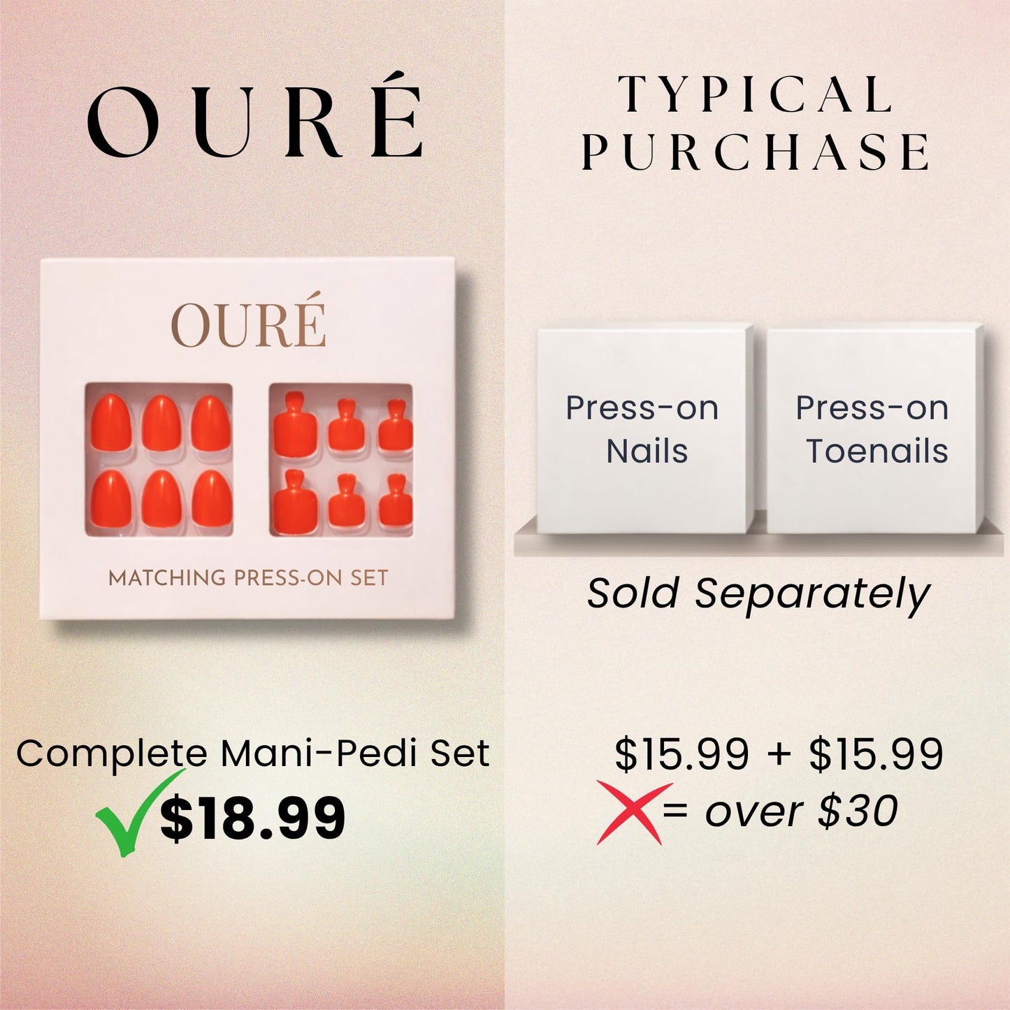 OURÉ Matching Press On Nails and Toenails Mani Pedi Set, Short Almond Soft Gel Nail Kit with Glue, 30 Press On Nails + 24 Press On Toenails, Reusable Fake Nails (Love Letter – Warm Red)