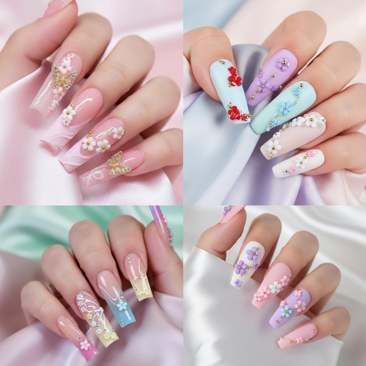 3D Flower Nail Charms, 2 Boxes 3D Acrylic Flower Nail Art Rhinestones White Pink Mixed Cherry Blossom Spring Acrylic Nail Supplies with Pearls Manicure DIY Nail Decorations