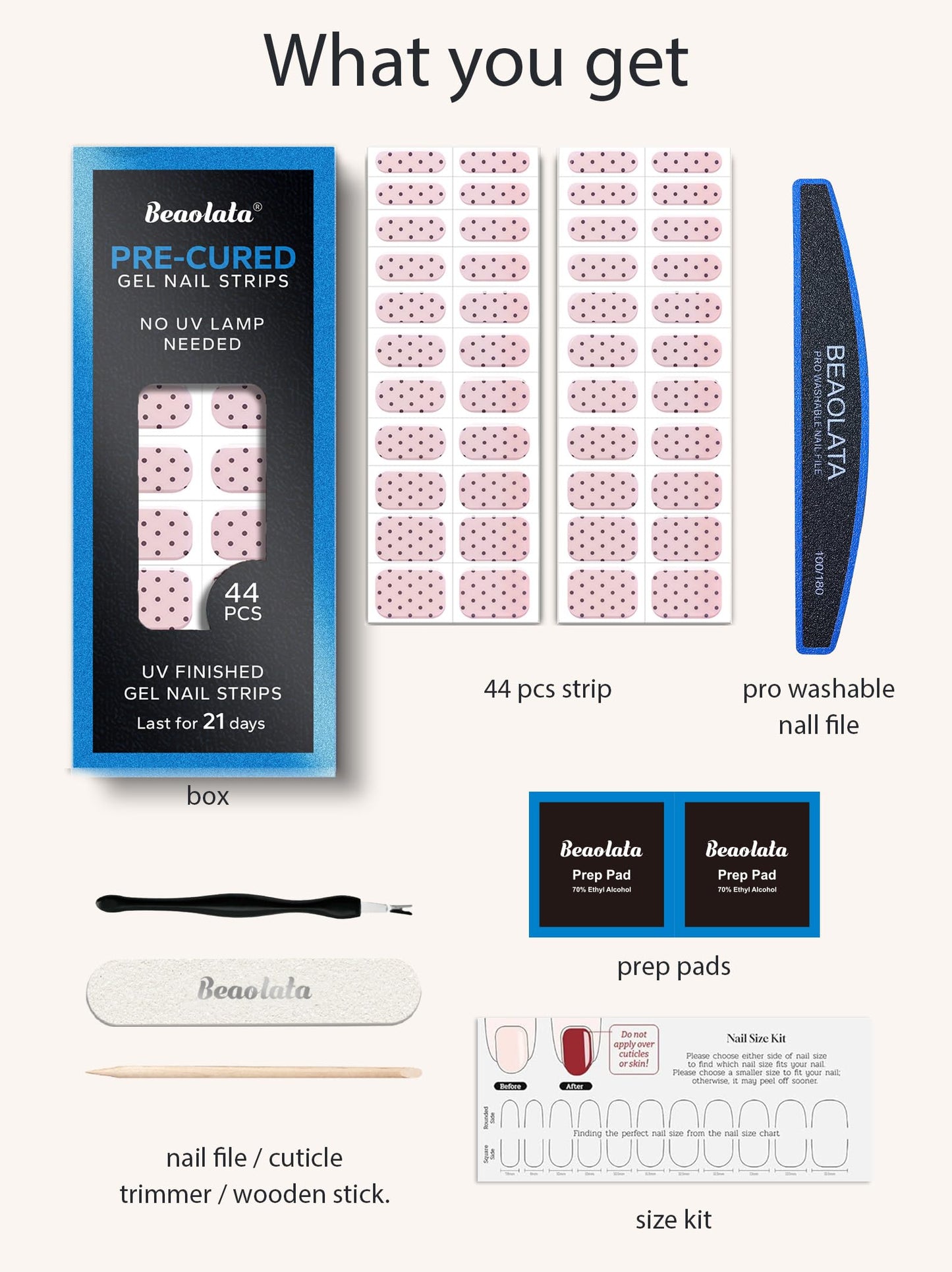 Beaolata Real Gel Nail Strips (No UV Light Needed) - 44Pcs Salon Quality Nail Stickers - Long Lasting Polish Wraps for Women, Easy Apply & Remove (Sparkle Fade Pink)