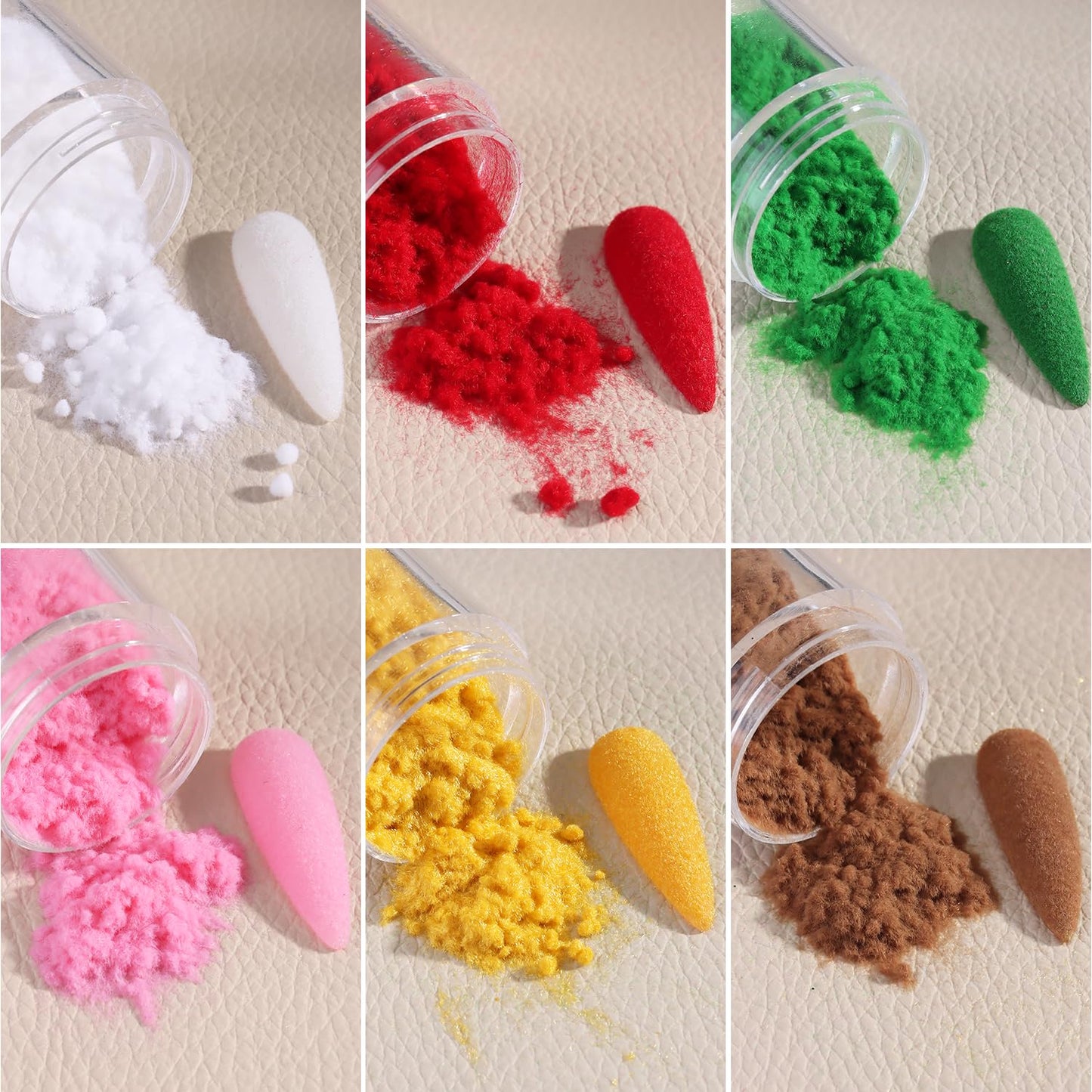 Furtherpretty Nail Flocking Powder Set, 6 Colors Velvet Powder for Nails, Red, Pink, Green, Yellow, White Flocking Fibers for Christmas Nail Art & DIY Crafts, Manicure Salon Supplies with Brushes