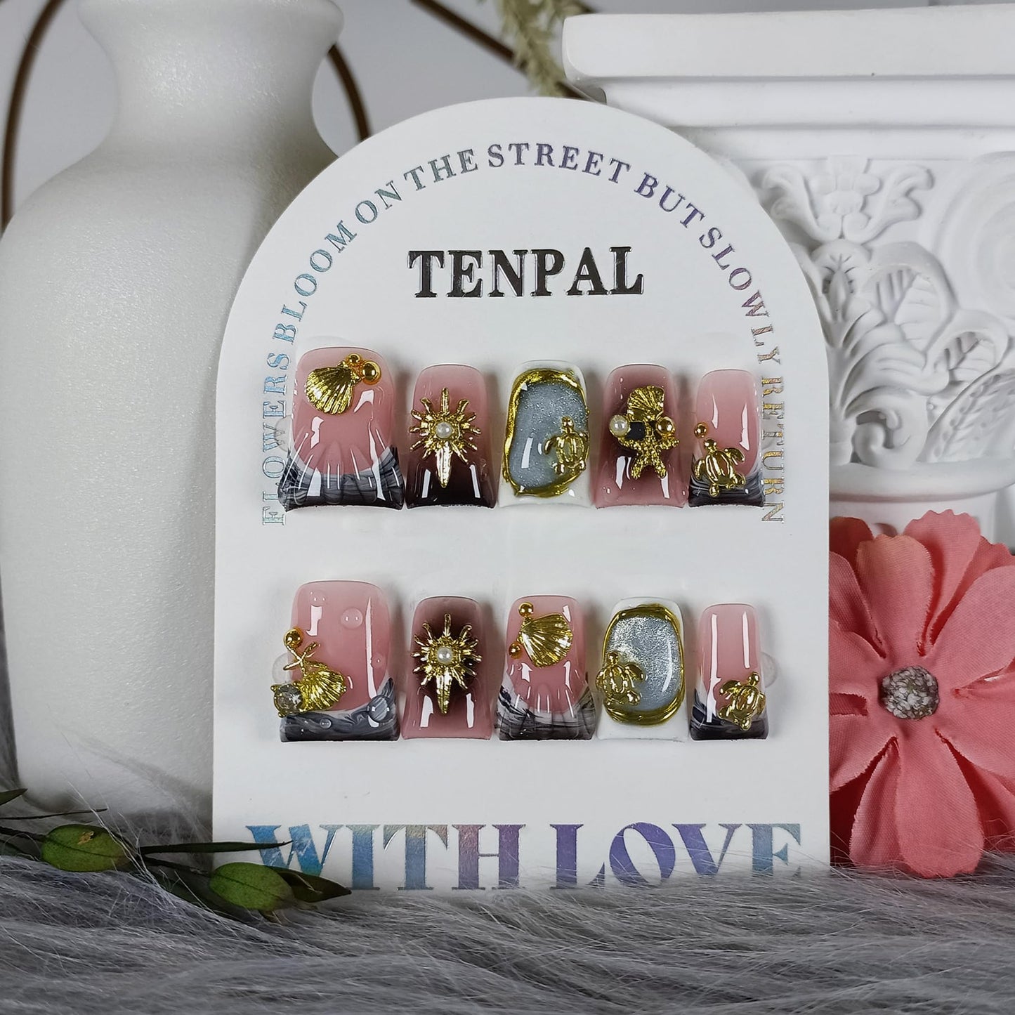 TENPAL Duckbill Press on Nails - Black Gray Cat Eye Ocean Metal Design Glue on Nails for Women| 10PCS Glitter False Nail with 3D Charms Designs | Gothic Y2K Style for Daily Party Wear,Duck Nails(M)
