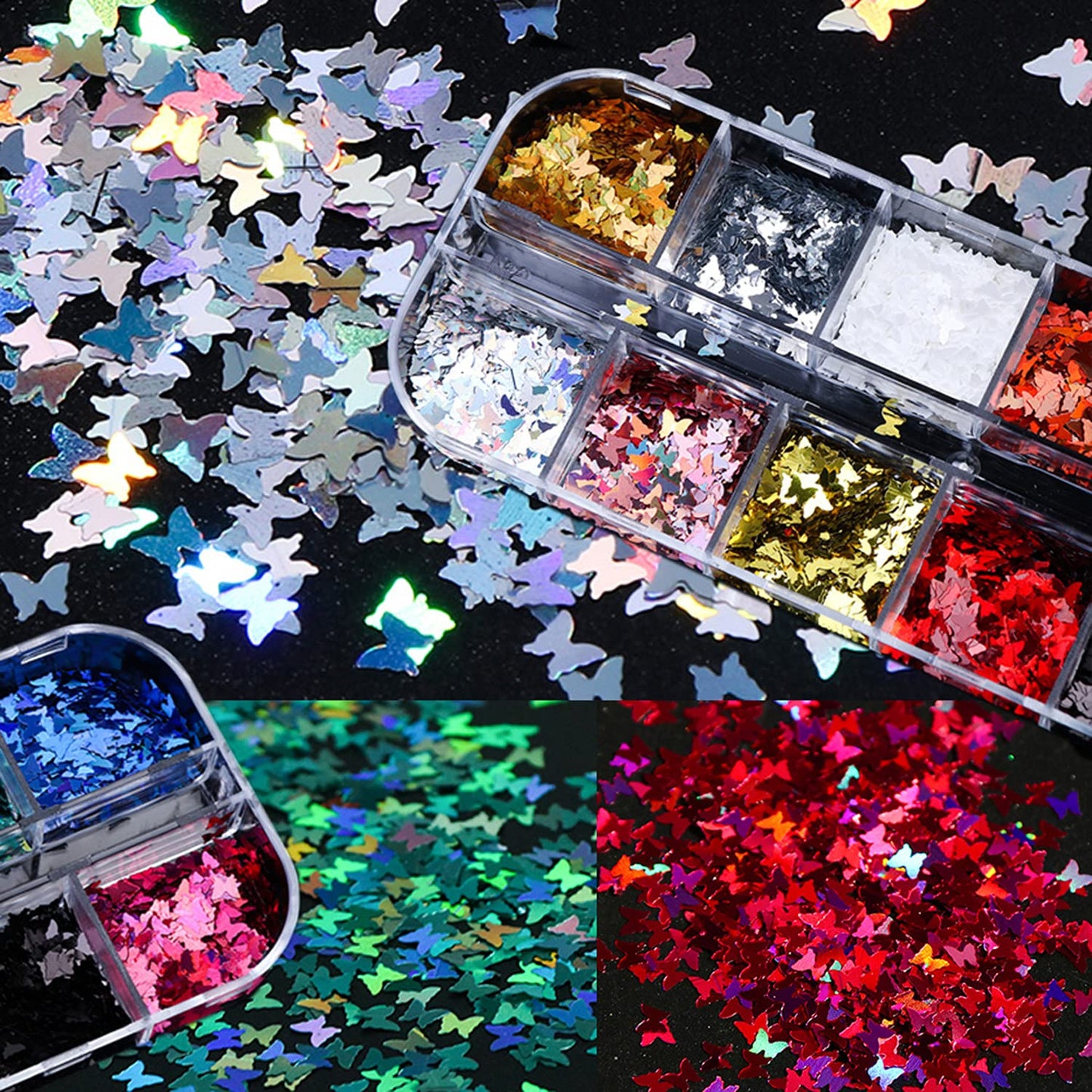 12 Colors Butterfly Nail Art Stickers Butterflies Nail Glitter Sequins 3D Art Accessories Butterfly Shape Flakes Powder Holographic Gold Red Pink Butterflies Sequins Design Acrylic Nails Supply Kit