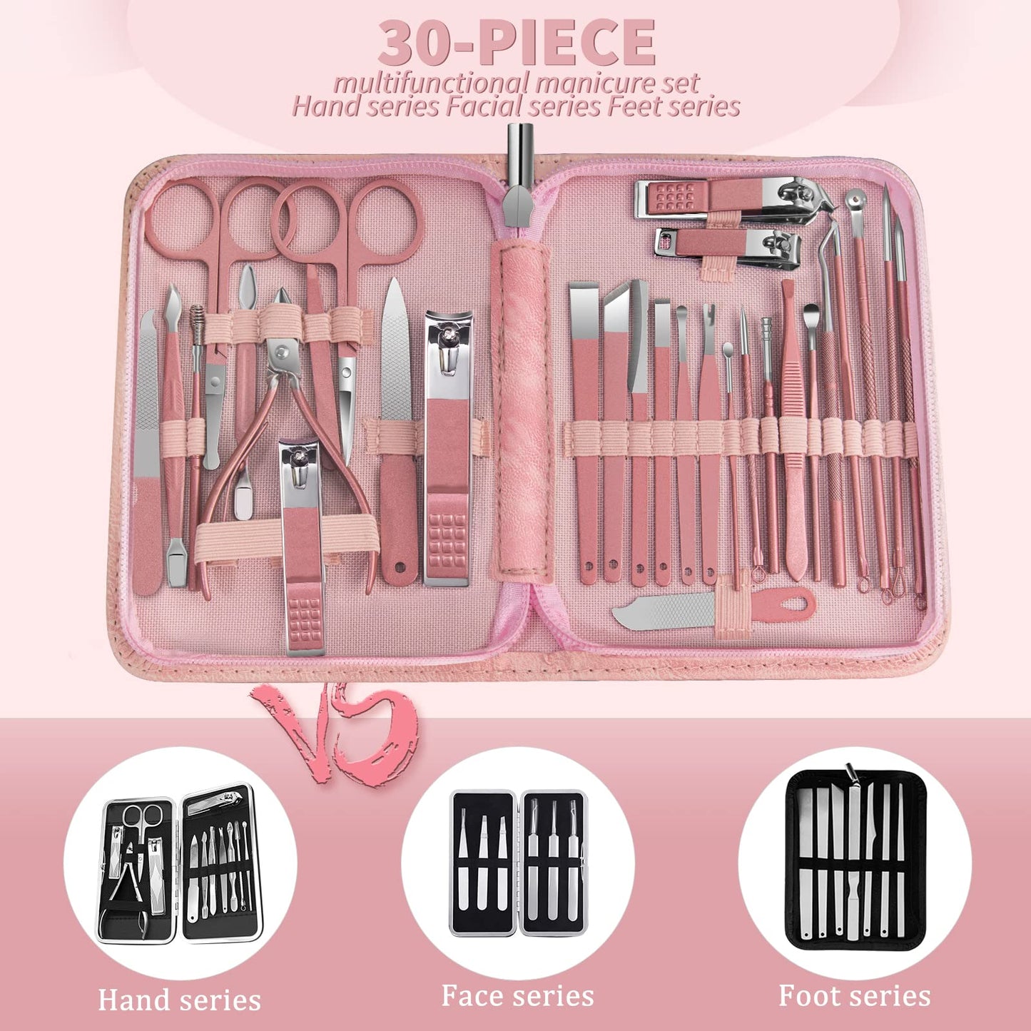 Women Manicure kit Professional sat Nail Set kit Pedicure Kit 30 in 1 Nail Clippers for Women Grooming Nail Care kit with Luxurious Travel Case Pink