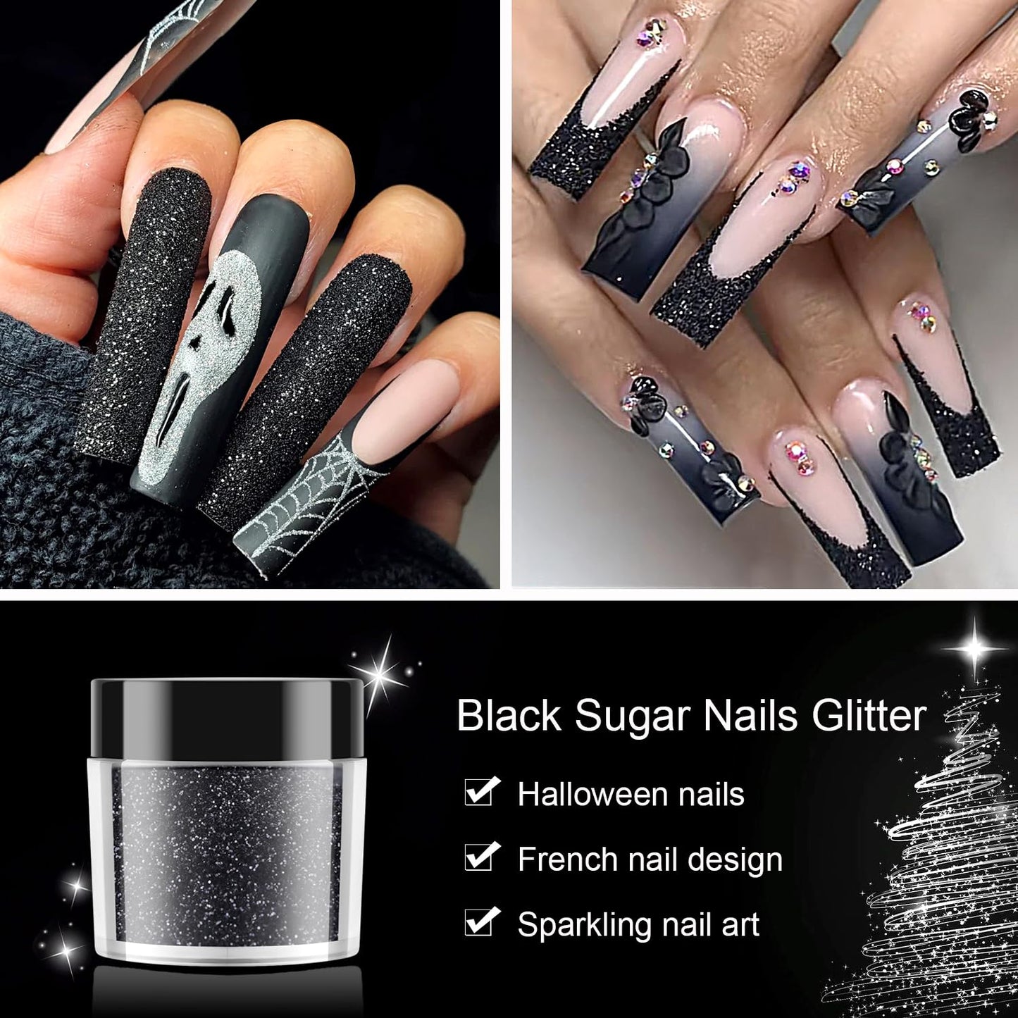 Furtherpretty Nail Glitter Powder Set, 2PCS Black & White Extra Fine Glitter Dust for Nails, Sugar Effect Powder for Acrylic Nails, Shiny Nail Art Decoration, Efecto Azúcar para Uñas Acrílicas