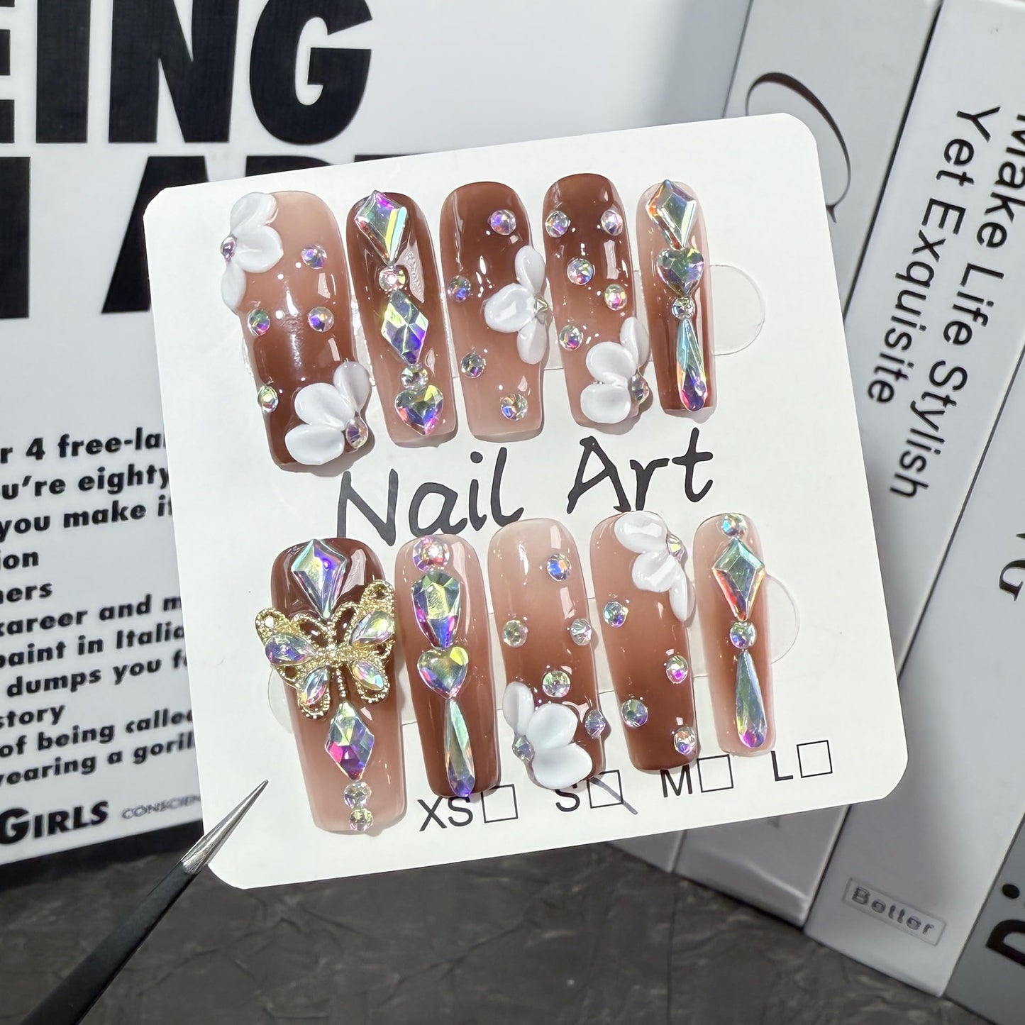 Generic Rhinestone Press on Nails Luxury Handmade Long Coffin Acrylic Nails 3D Flower Butterfly Designs Gradient Thick Fake Nails Full Cover Stick on Nails for Women Nails Manicure Decor (10pcs/box)