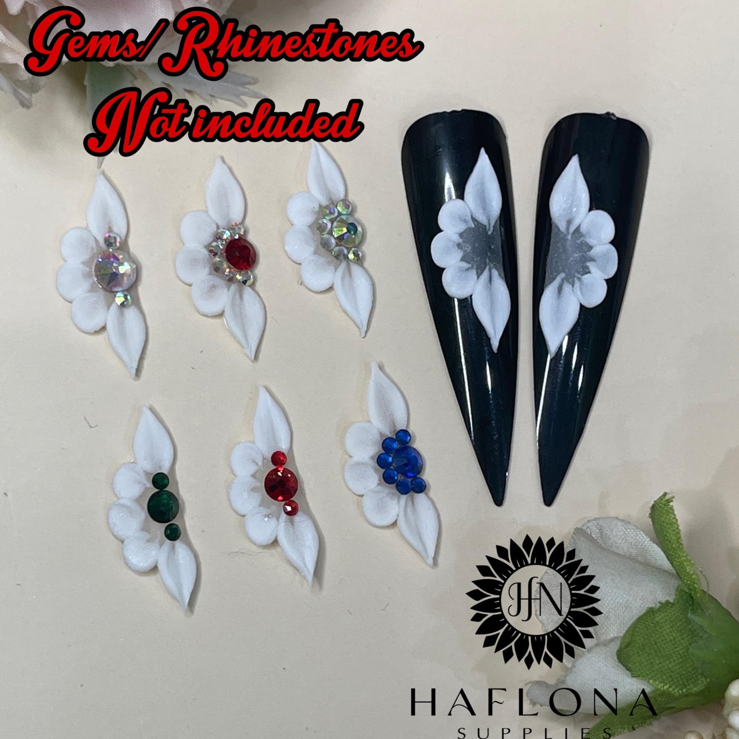 Set 10Pcs 3D Flowers Nails Charms With Rhinestone Gems Handmade by Acrylic Powder Design For Long Nail L,XL,XXL Flower Nail Art Floral Salon Decor Women Girls (White No Rhinestones-10Pcs)