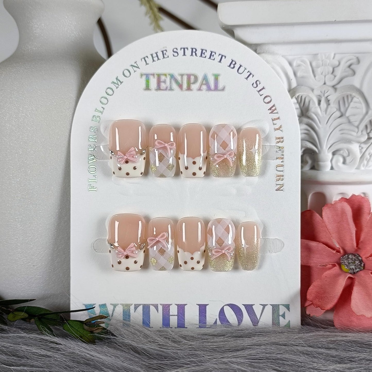 TENPAL 10Pcs Y2K Short Medium Coffin Press On Nails With Tools Kit,Light Pink Cat Eye French Fake Nails with Dot Bow Plaid Pattern,K-Beauty Acrylic Glue on Nails for Wedding Party Daily Wear(L)