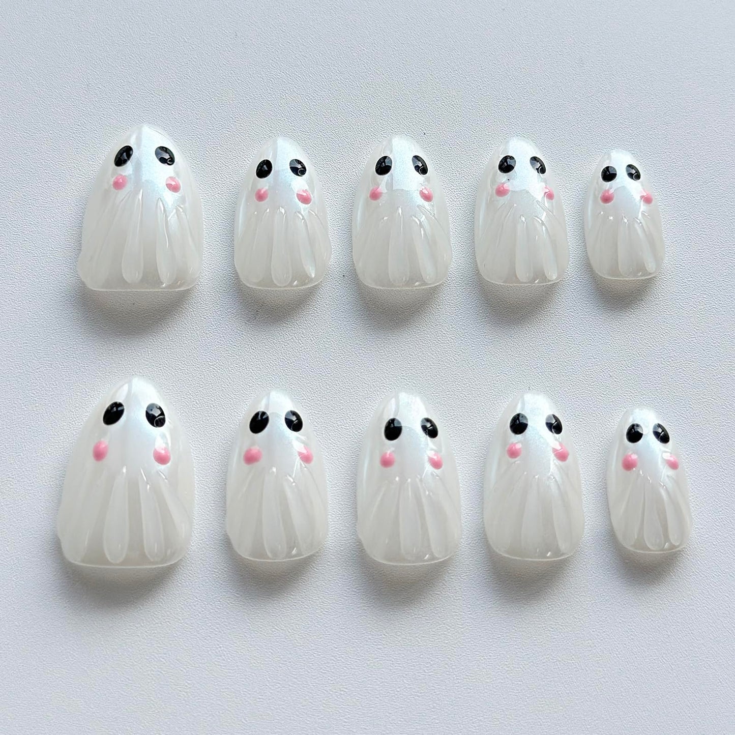 Halloween Press on Nails Medium Almond Handmade Nails 3D Unique Reusable ABS Material Luxury Fake Nails Chrome Cute Little Ghost False Nails with Designs Glossy Glue on Nails Thick Acrylic Nails(M)