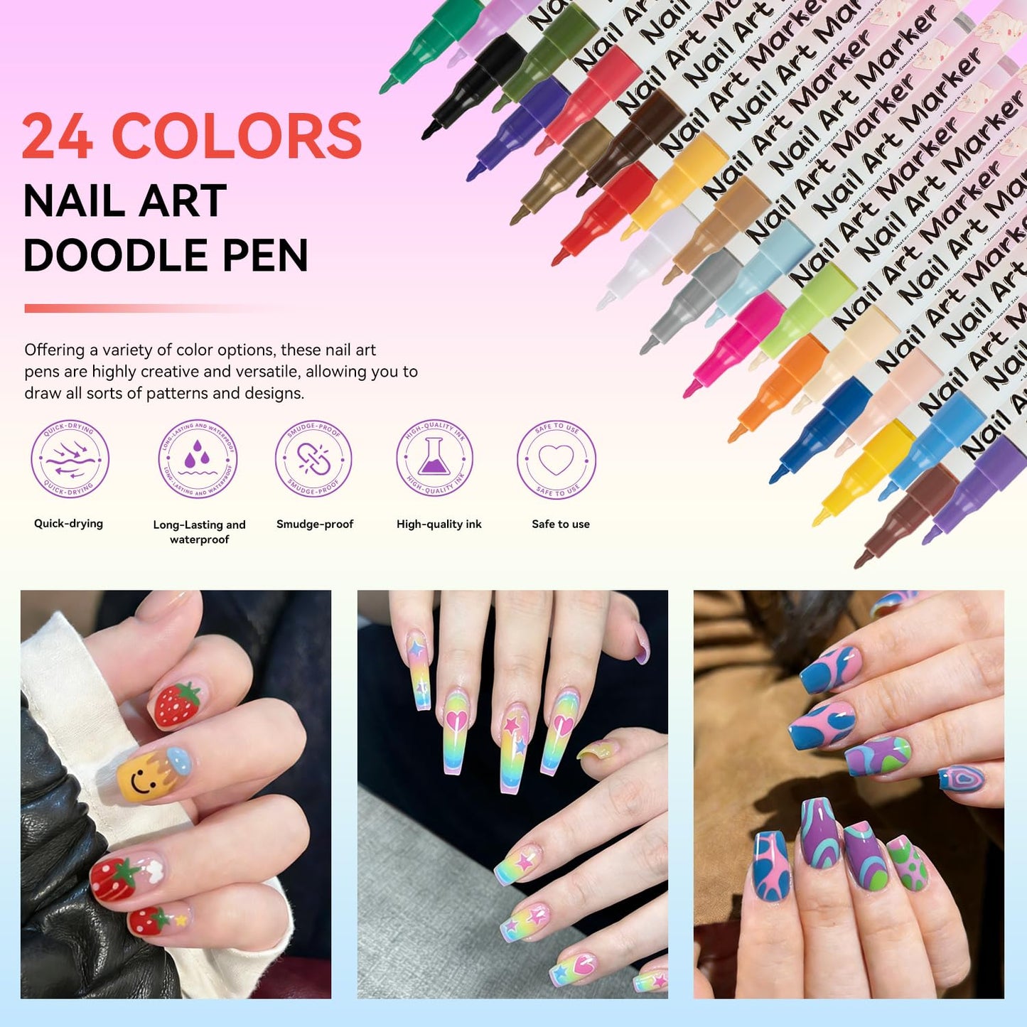 RFENLY 24 Colors Nail Art Pens Set, 3D 0.5MM Nail Polish Pens, DIY Nail Markers, Quick Drying Long Lasting Paint Graffiti Point Dotting Liner Pen Tools for Home & Salon