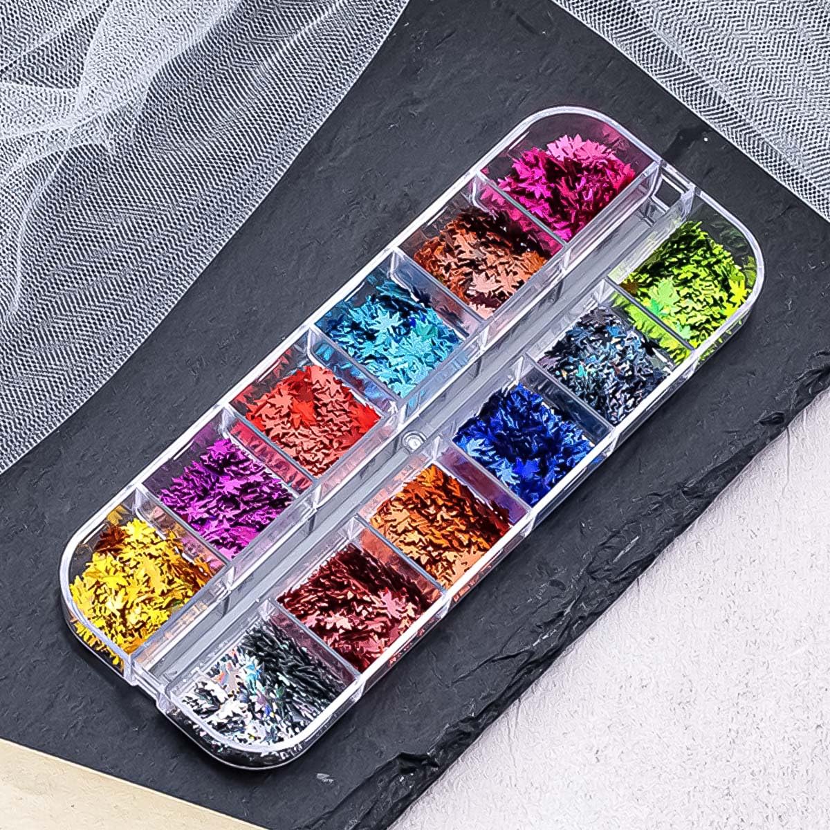 Maple Leaf Nail Sequins 3D Holographic Fall Leaves Glitters Flakes Autumn Nail Art Glitter Sequins Acrylic Nails Supplies Accessories Laser Maple Leaves Flakes for Women DIY Thanksgiving Decoration