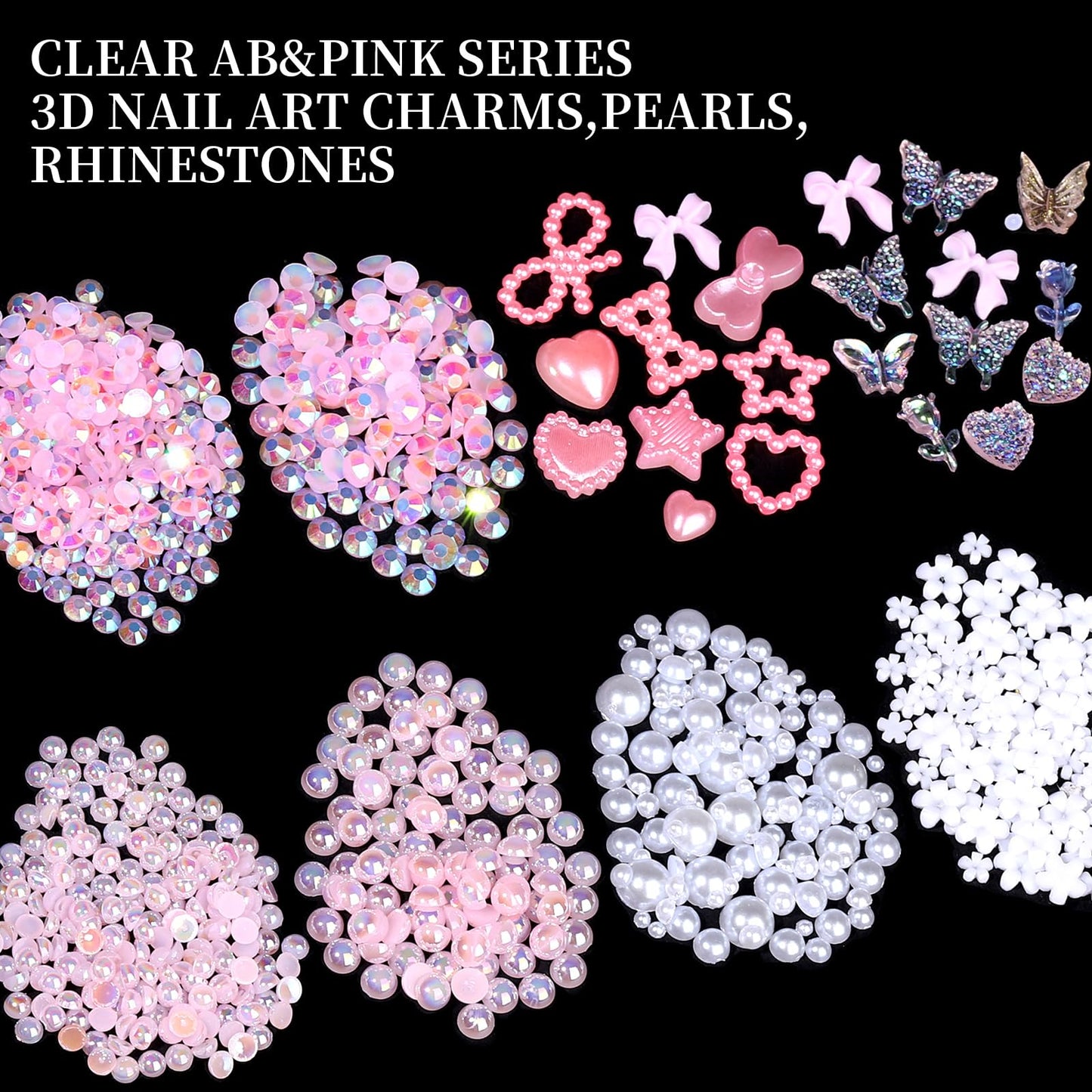 FAMDAMEI 24 Grid Flat Back Pearls and Rhinestones for Dazzling Kit, Clear White Pink Pearls Flatback Resin Jelly Rhinestones,Flower 3D Nail Charms and Gems for Crafting Rhinestone for Crafts