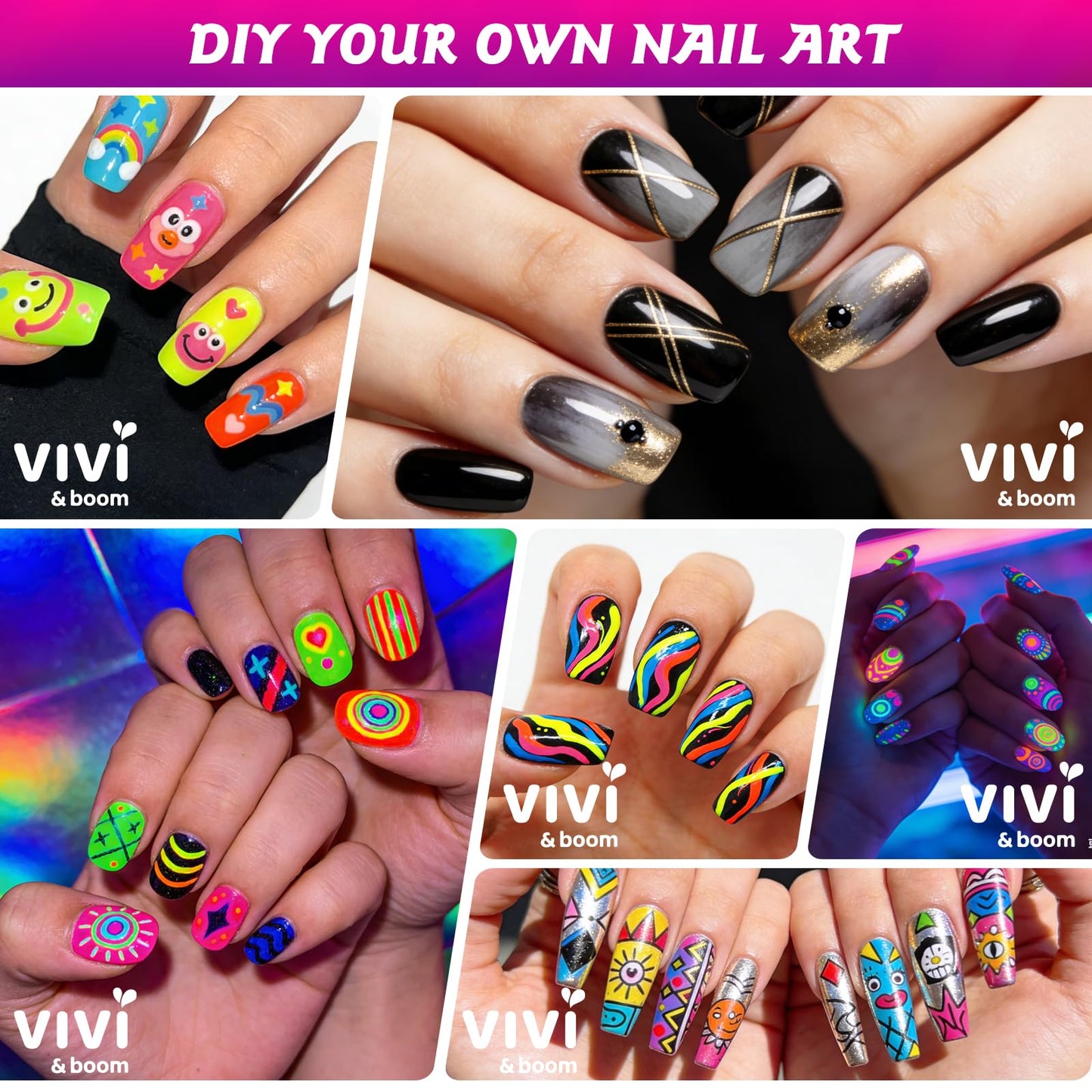 VIVIBOOM Glow In The Dark Nail Art Pens, 24 Color 0.5 MM Fluorescent Neon Nail Polish Pens Set Drawing Point Painting Liner Painted Pen Kit, Waterproof Nail for DIY Design Manicure Tools